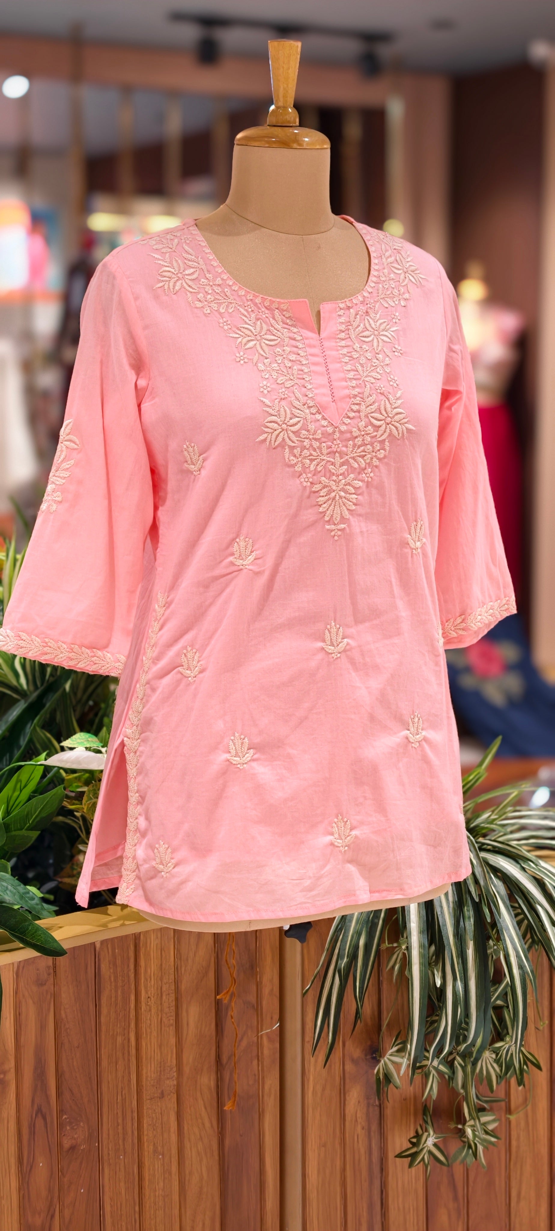 Floral Embroidered Round Neck Mul Cotton Short Kurti Top-13945 RB309