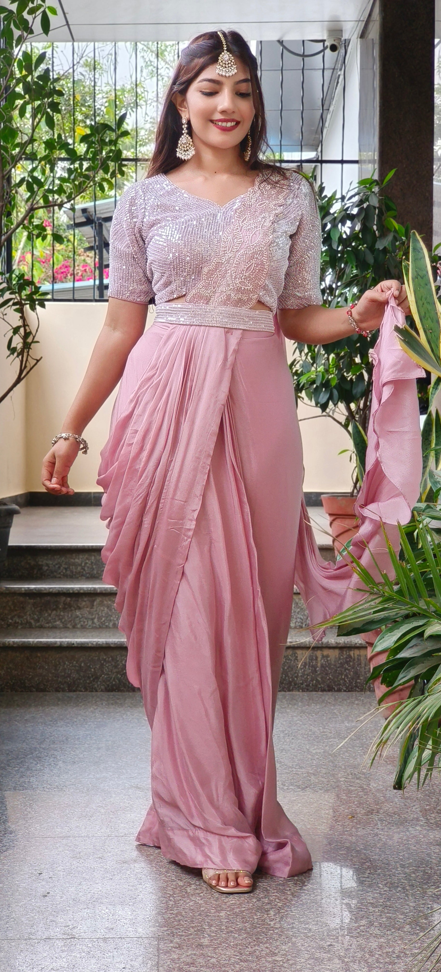 Designer Pearl Heavy Drape Saree in Chinon Fabric with Stiched Padded Blouse and Belt 09092