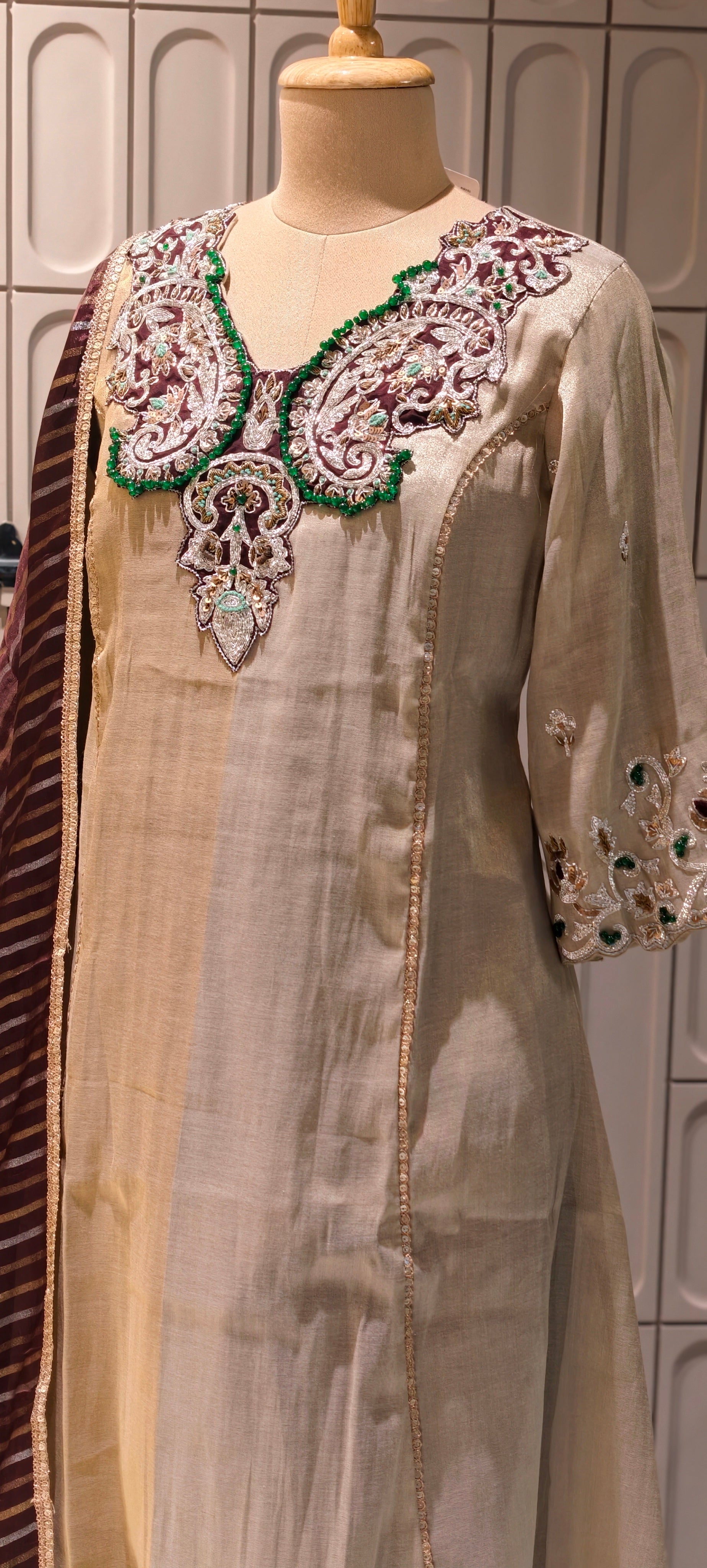 Luxury Designer Tissue Kurta Set with Hand Embellished Zari & Stone Work Neckline and Contrast Dupatta-13809