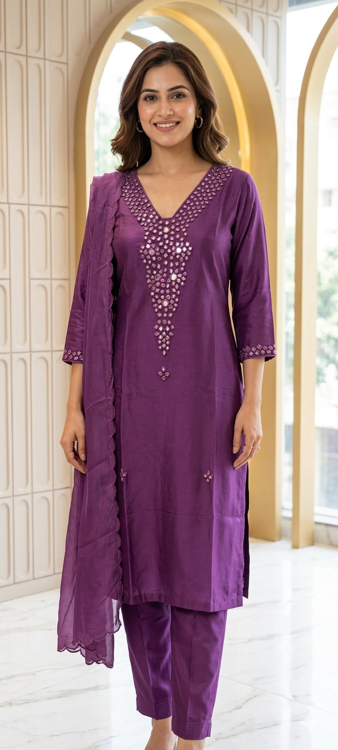 Royal Solid Shade Dola Silk Mirror Embroidered Aline Full Suit Set 13807