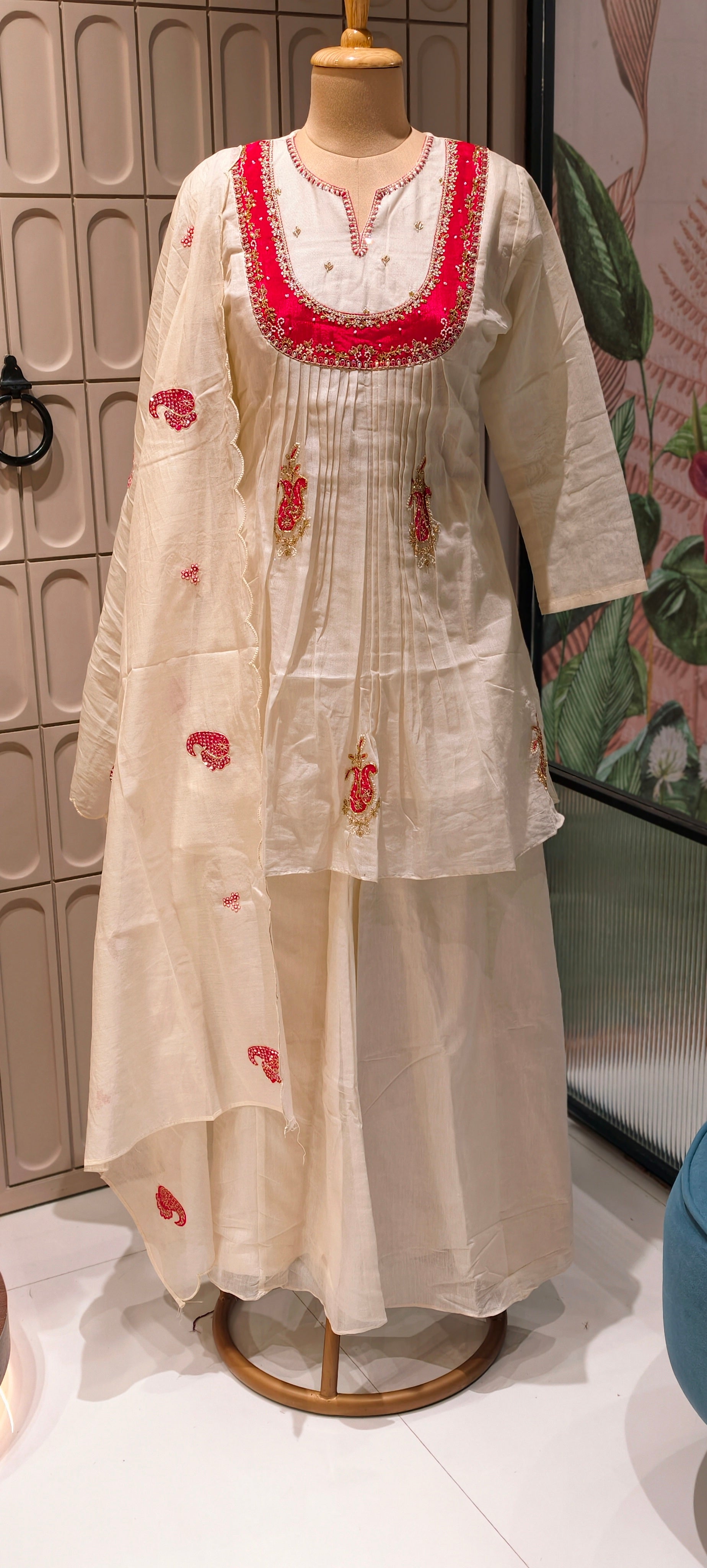 Elegant Ivory MulChanderi Peplum Style Kurta Suit Set with Hand-Embroidered Red Yoke and Festive Motifs-13858
