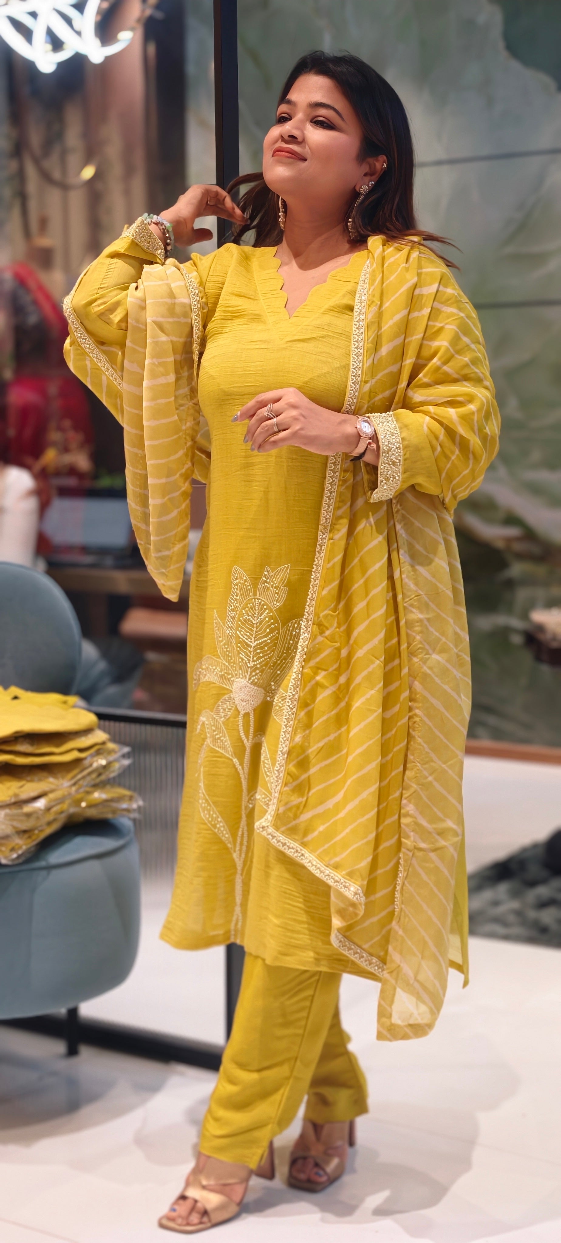 Mustard Yellow Floral Embroidered Kurta Pant Set with Striped Organza Dupatta Fabric Pure Banarasi Mulchanderi -13790