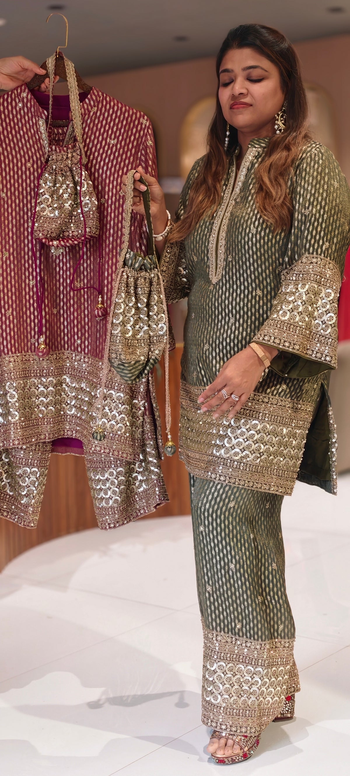 Crimson Sage Abstract Printed Short Kurta Set with Heavy Circle Lace Embroidered Borders & Flared Palazzo Pants-
