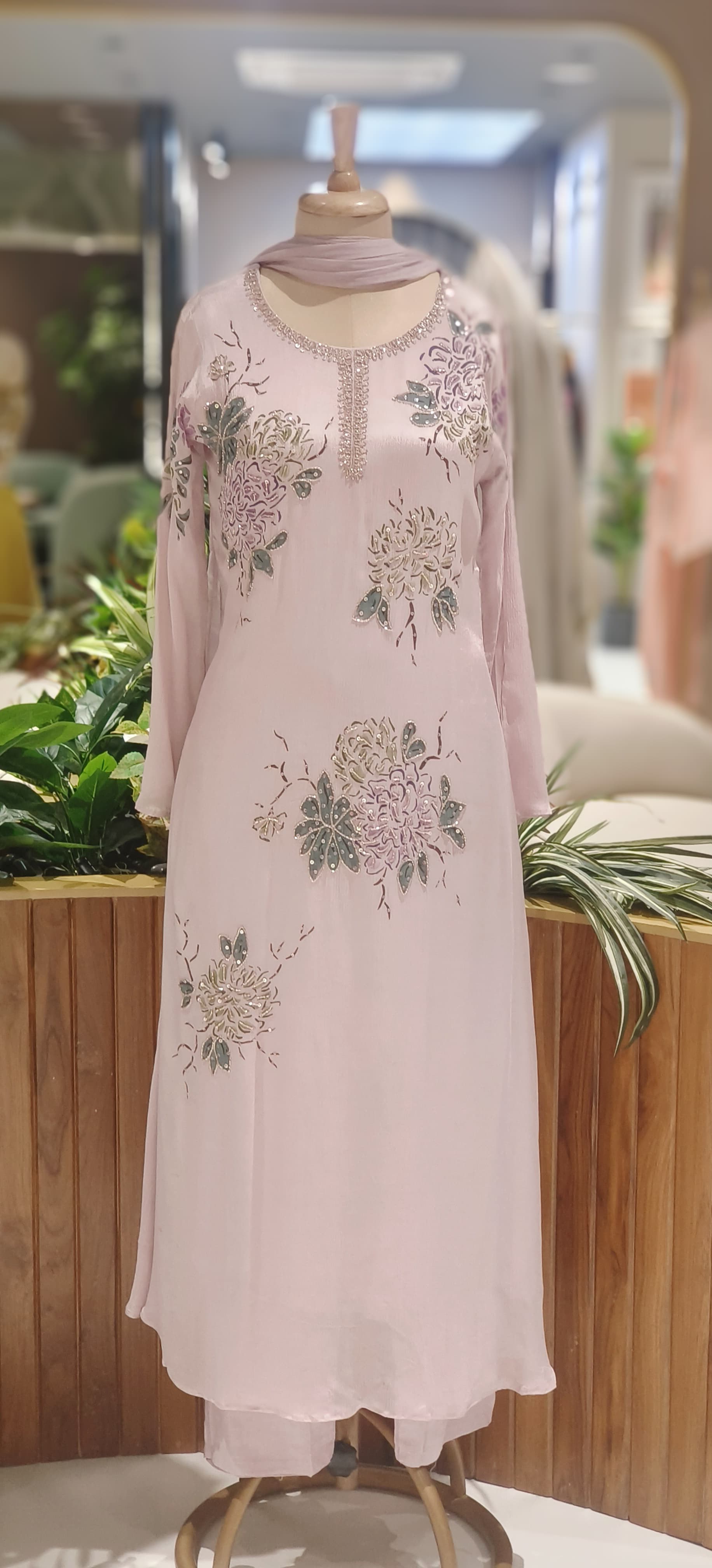 Designer Chinon Anarkali Outfit Adorned with Cut-Dana Embroidery and Coordinated Bottom–Dupatta-12727,12728