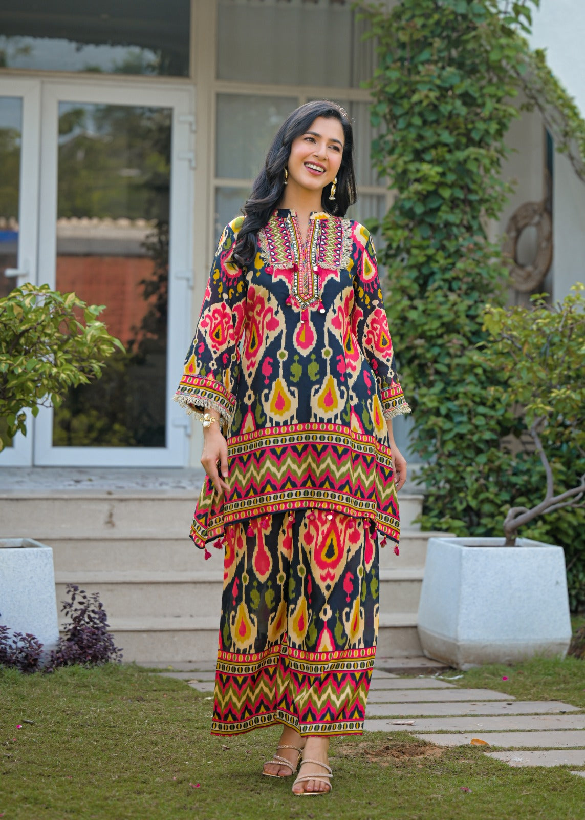 Ikkat Print Hi Low Printed Silk Fabric Cord set