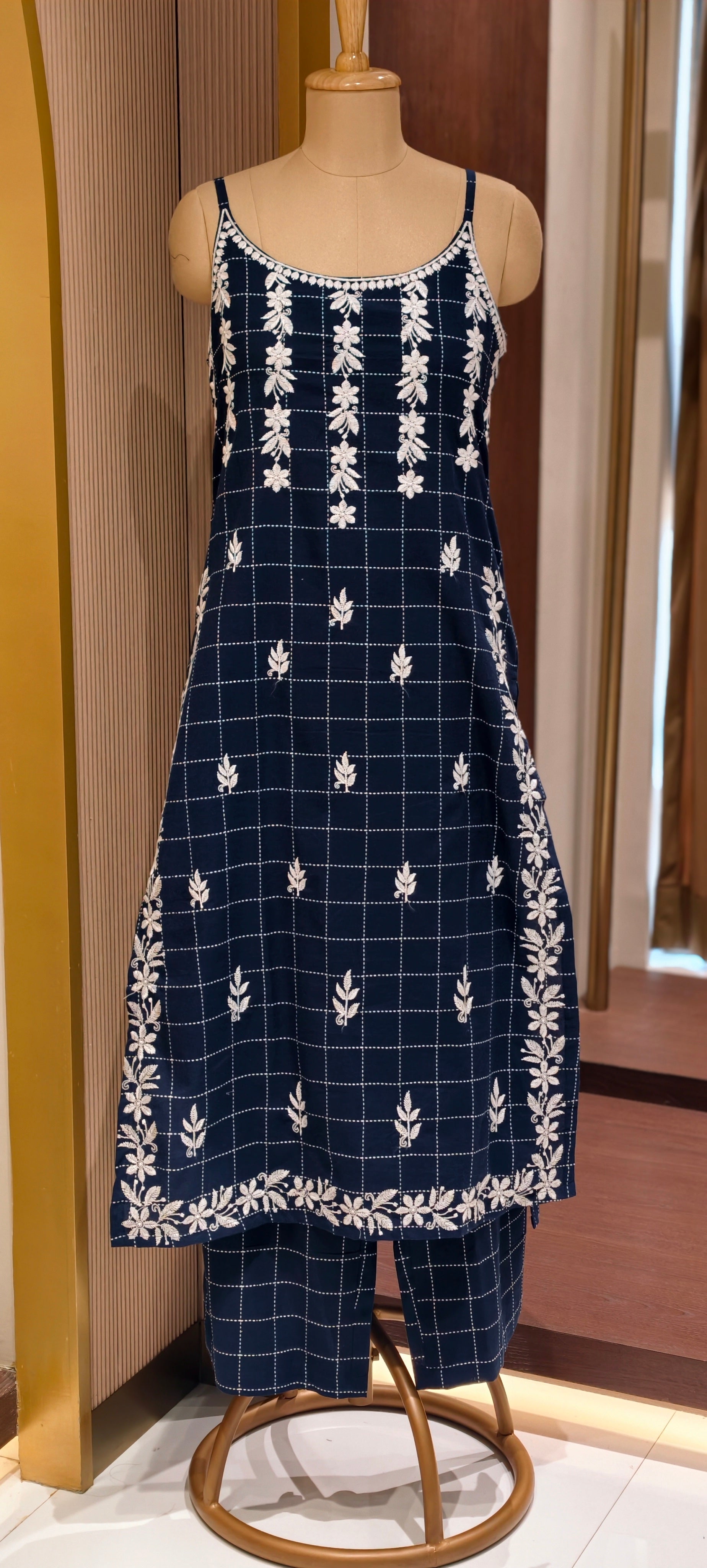 Checks Indigo Handloom Cotton Noodle Strap Kurta Set with Floral Buta Print Loose Pants-14189 RB172