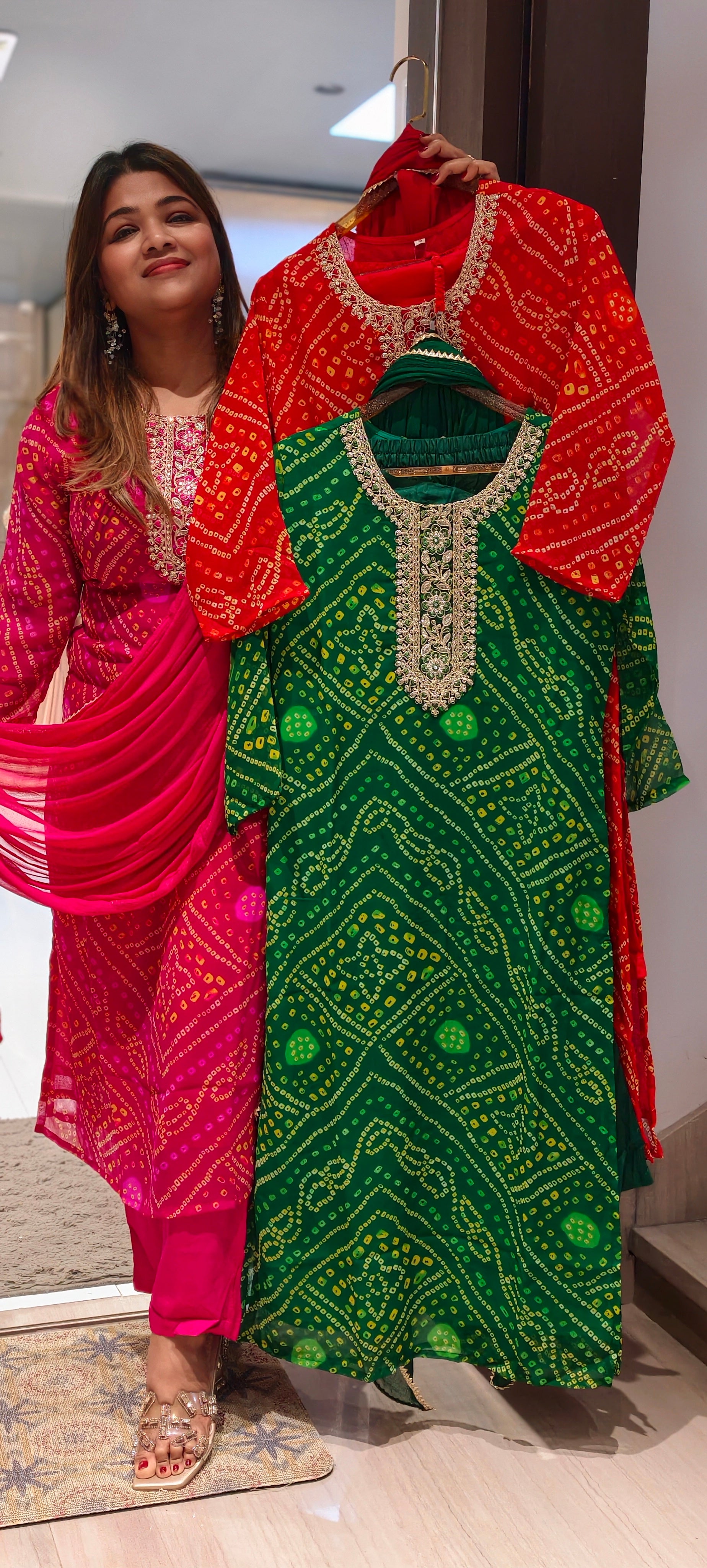 Georgette Bandhani Print Embroidered Full Suit Set with Dupatta And Bottom-15482