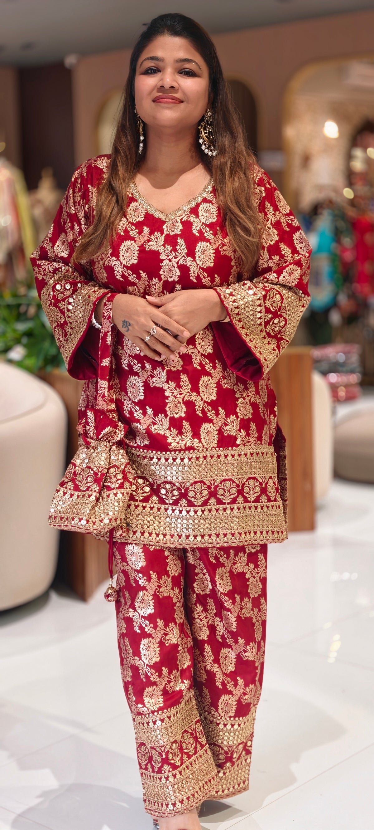 Royal Gold Foil Floral Printed Brocade Kurta Set with Heavily Embroidered Borders, Wide-Leg Palazzo Pants & Matching Potli Bag- 16868