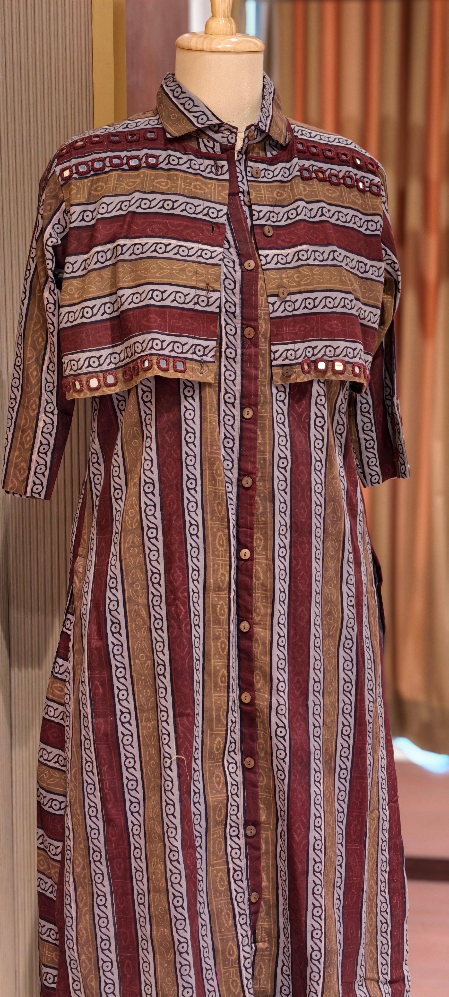 Handloom Cotton 3-Piece Kurta Pant Set with Printed Short attached Jacket Overlay-14191 RB180