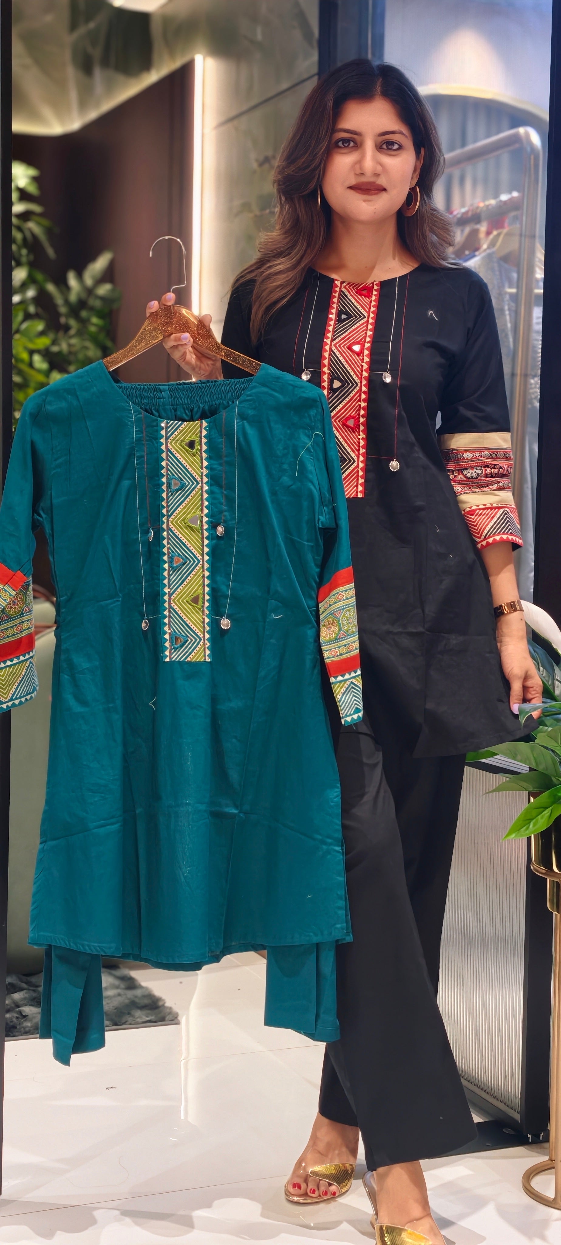 Tribal-Inspired Geometric Embroidery with Mirror Accents and Tailored Bottom-13794