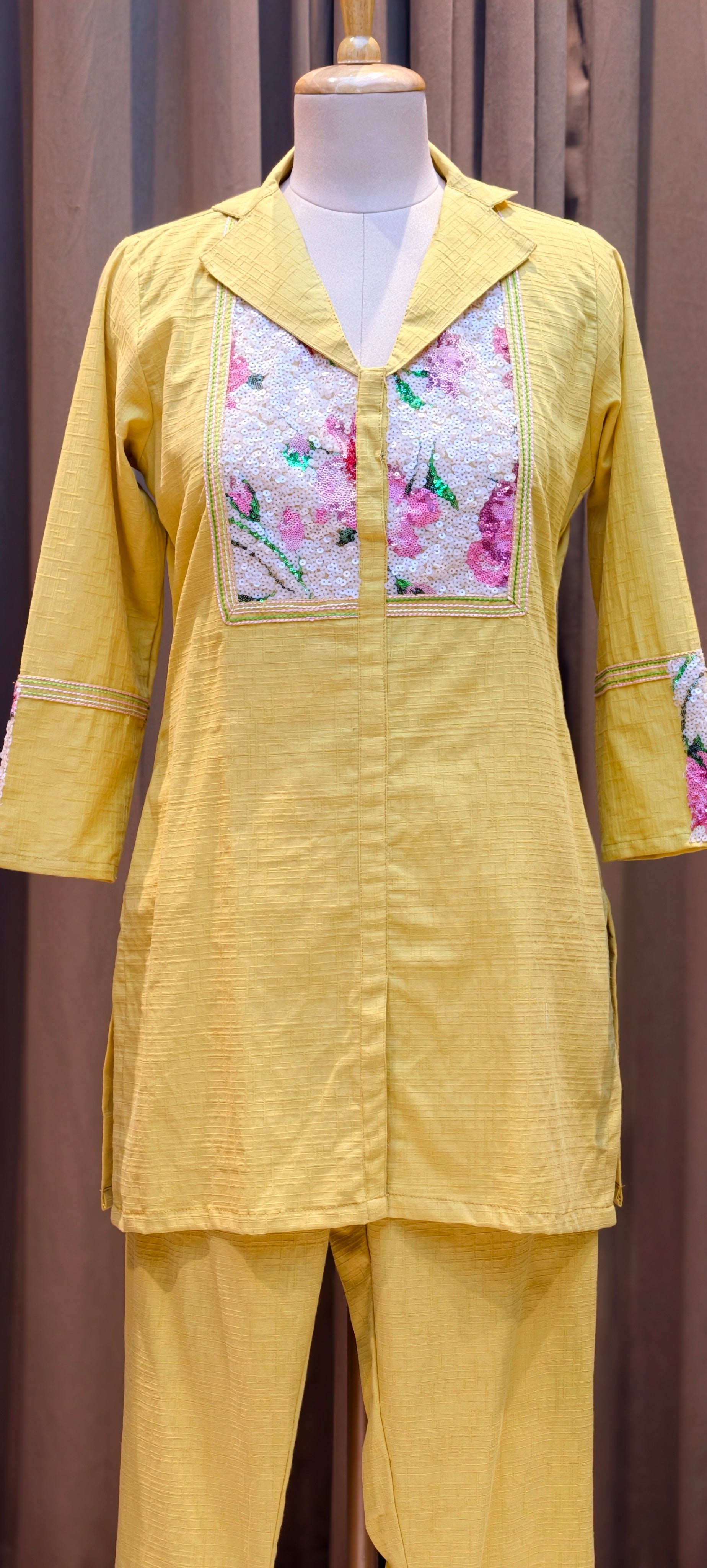 Beautiful Premium Cotton kurta pant set floral printed and embellished front panel-13932