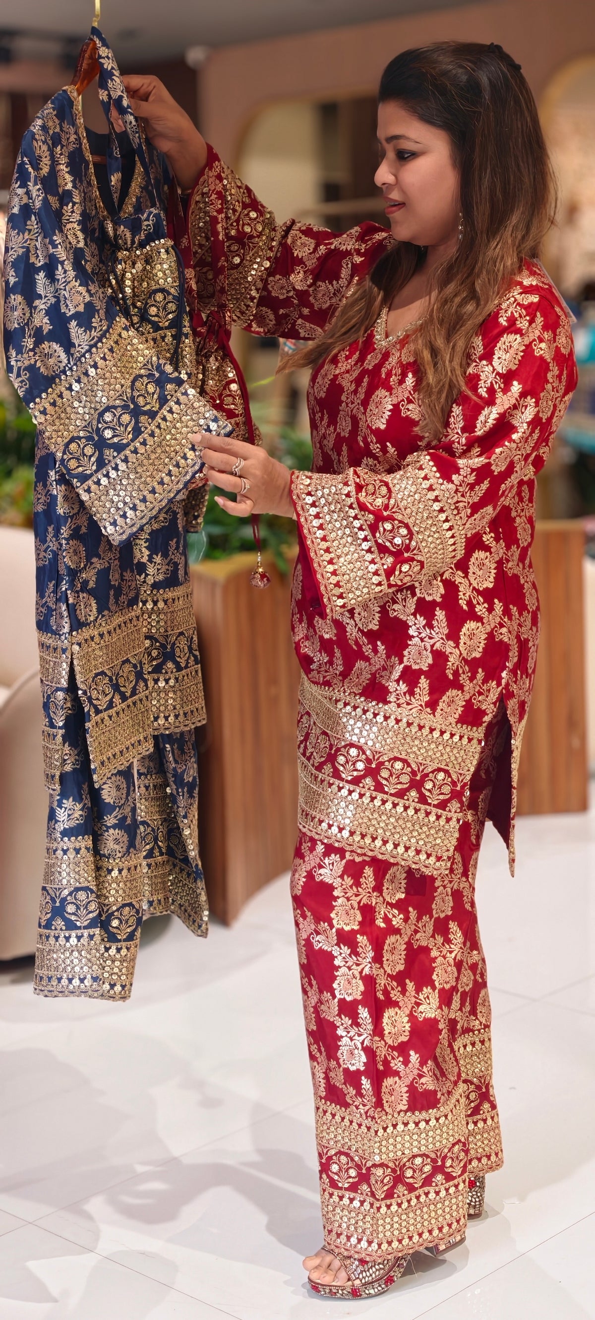 Royal Gold Foil Floral Printed Brocade Kurta Set with Heavily Embroidered Borders, Wide-Leg Palazzo Pants & Matching Potli Bag- 16868