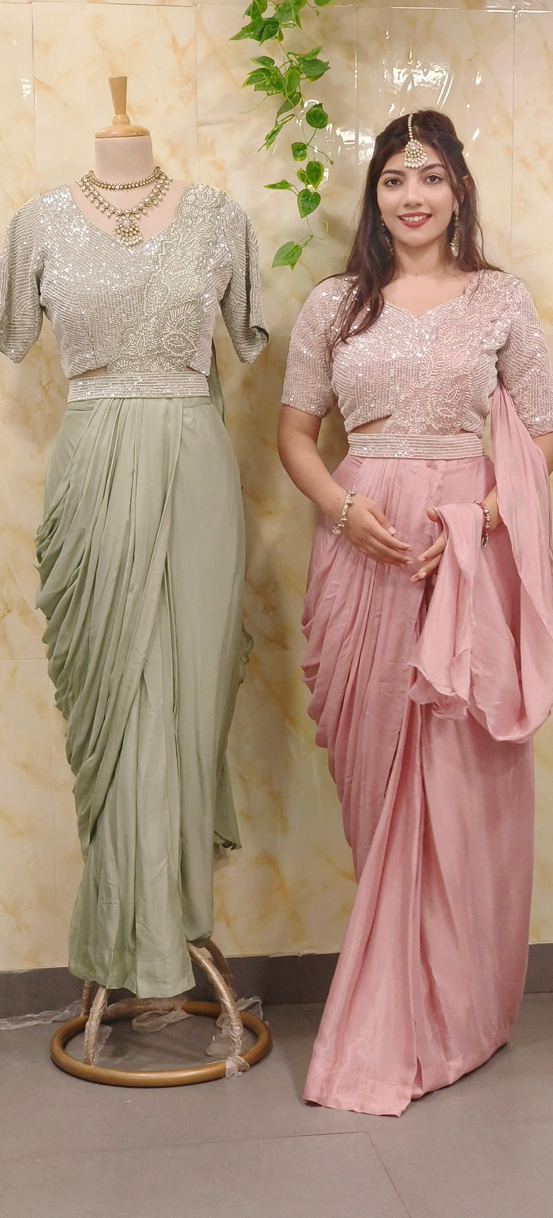 Designer Pearl Heavy Drape Saree in Chinon Fabric with Stiched Padded Blouse and Belt 09092