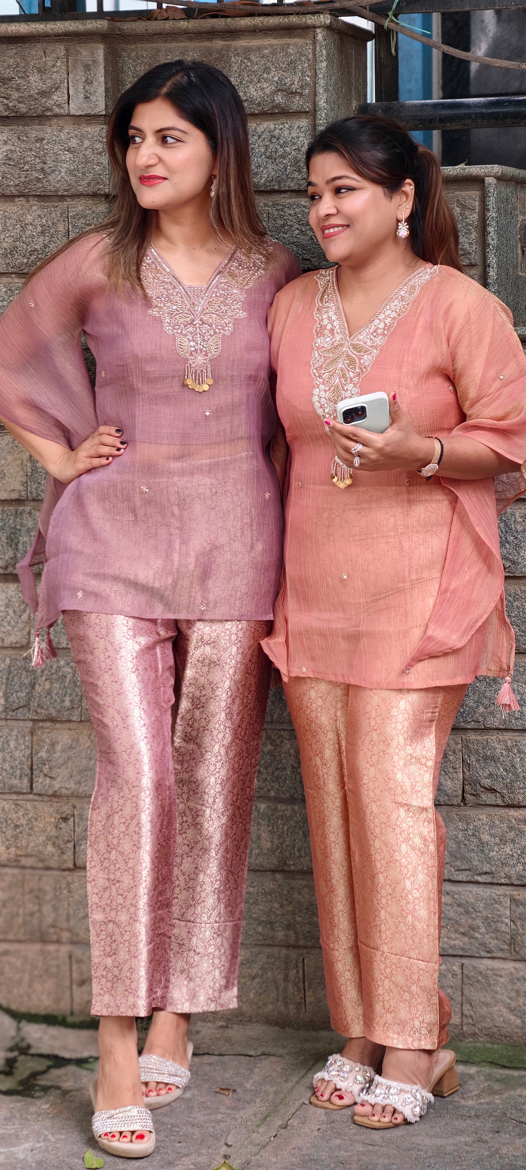 Intricate Beads With Cut-Dana Embroidered Neckline Crush Tissue Kaftan Style Sleeve Co-Ord Set With Brocade Bottom- 15967