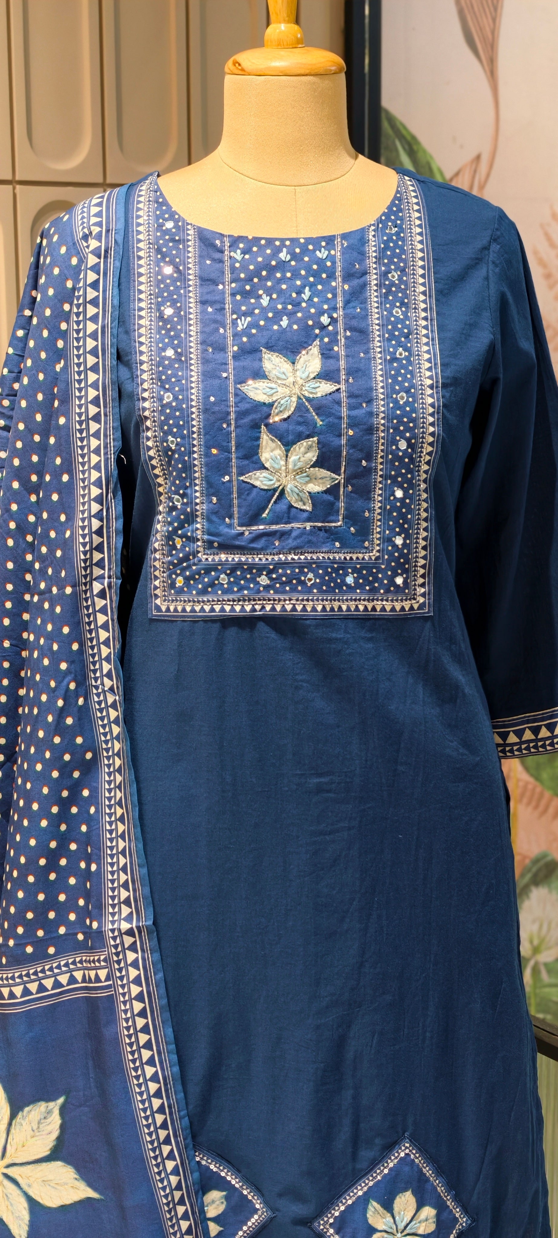 Indigo Blue Butter soft Cotton Kurta Set with Handblock Floral Motifs, Straight Pants & Printed Dupatta-13877