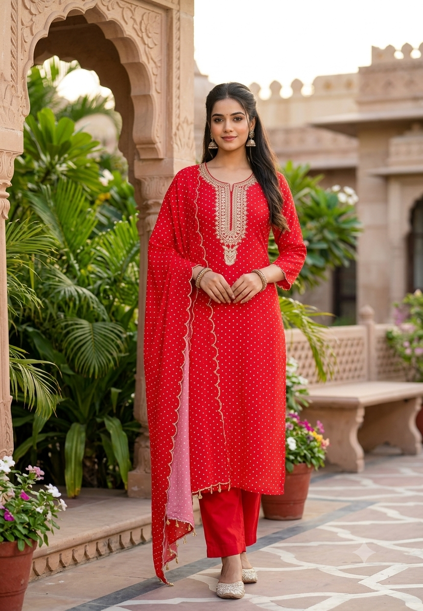 Bandhani Print Zardosi Sequin Neckline Vibrant Full Suit Set With Dupatta- 16406
