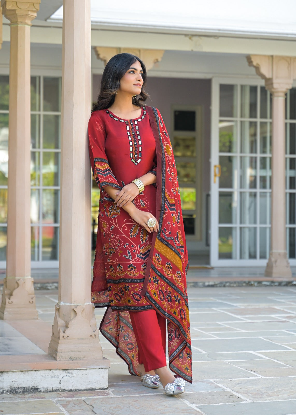 Premium Crepe Printed Suit Set With Real Mirror-Work Neckline, Designer Sleeves & Matching Dupatta-12810,12808