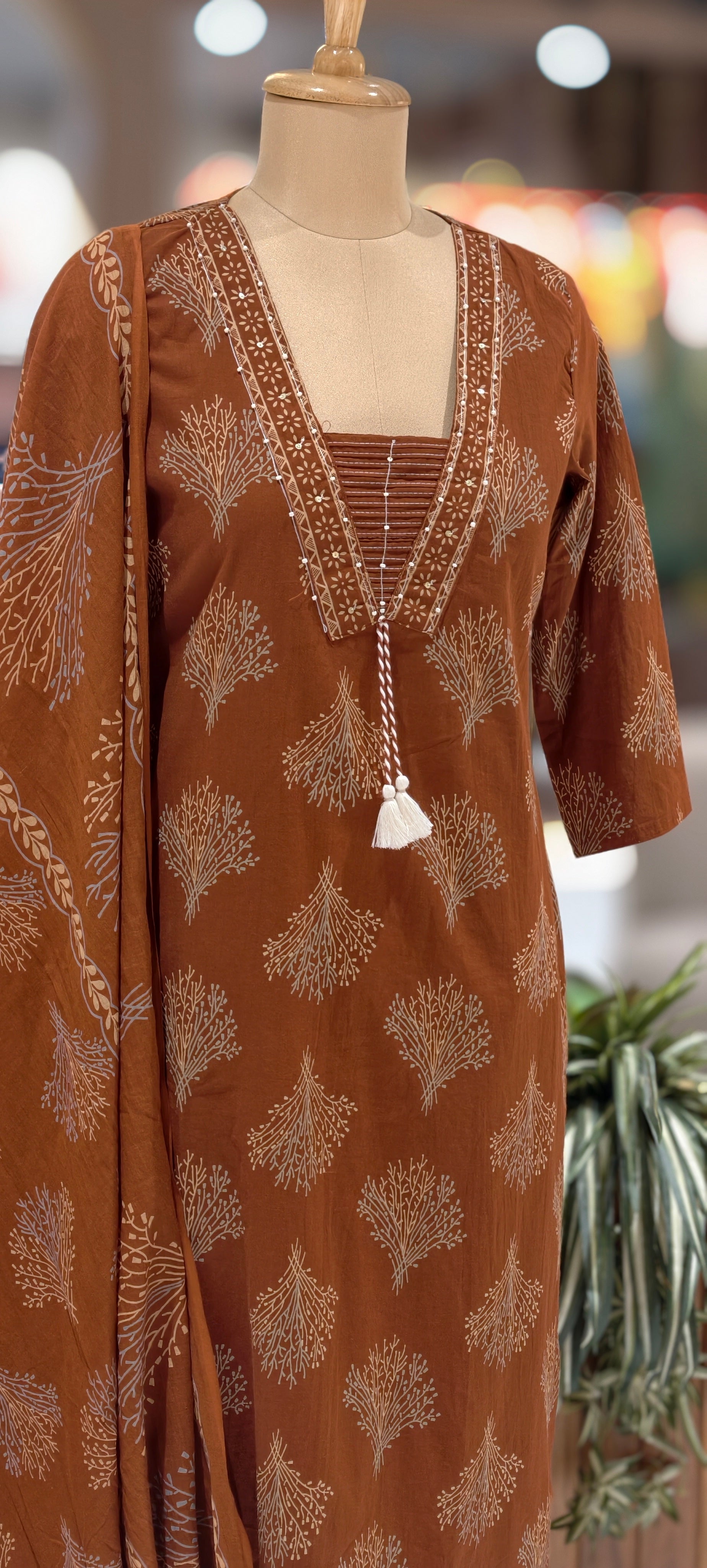 Cotton Elegant Hand block Print Kurta Set with Intricate Border Detailing & Tassel Tie-Up Neck Full Suit Set