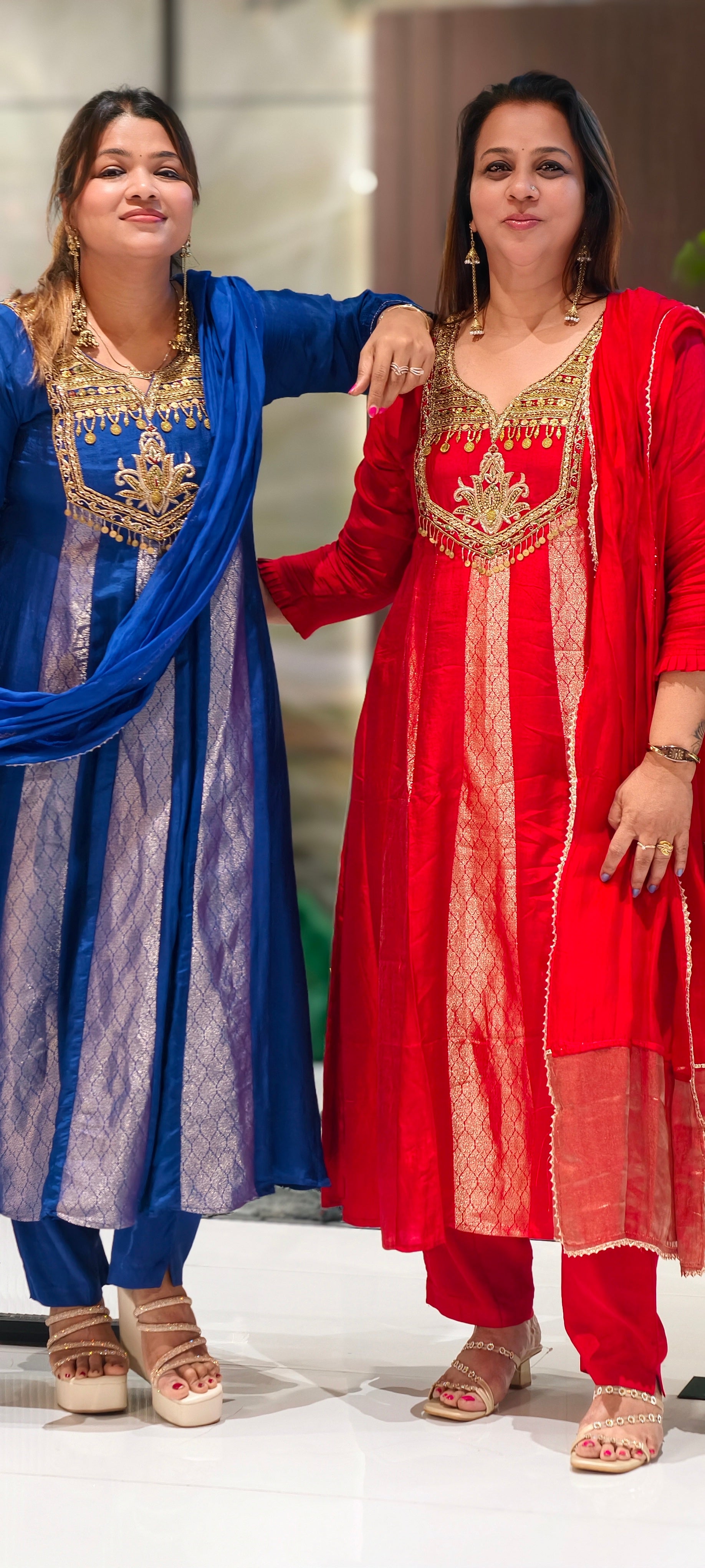 Scarlet Grand Regal Gold Embroidered Festive Ensemble Brocade Panels Russian Silk Anarkali Full Suit Set With Dupatta- 15811