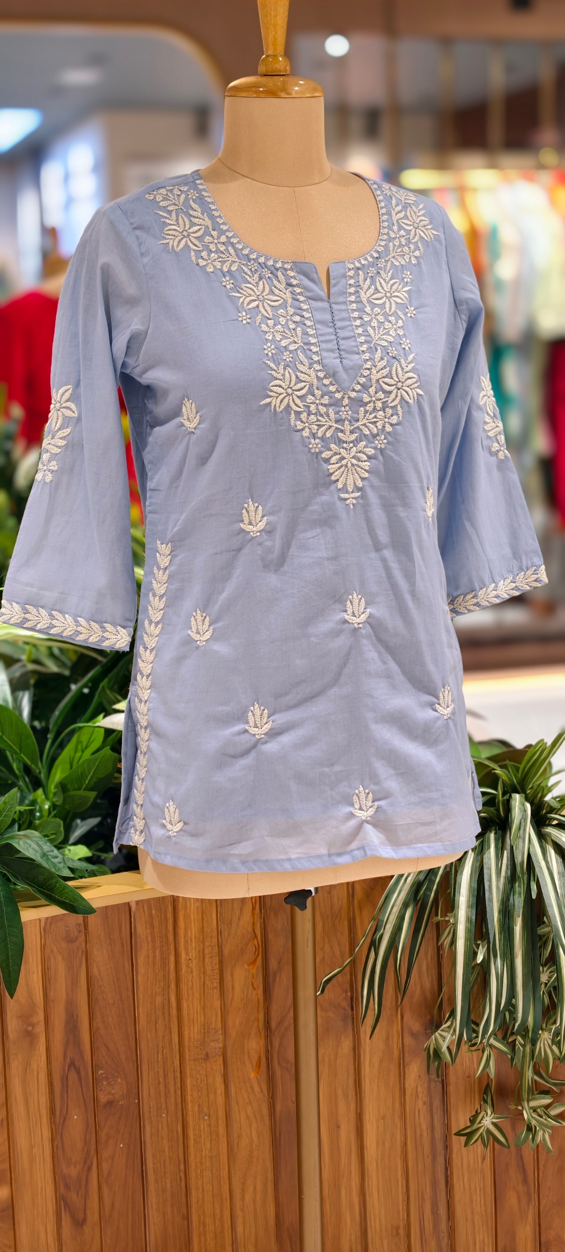 Floral Embroidered Round Neck Mul Cotton Short Kurti Top-13945 RB309