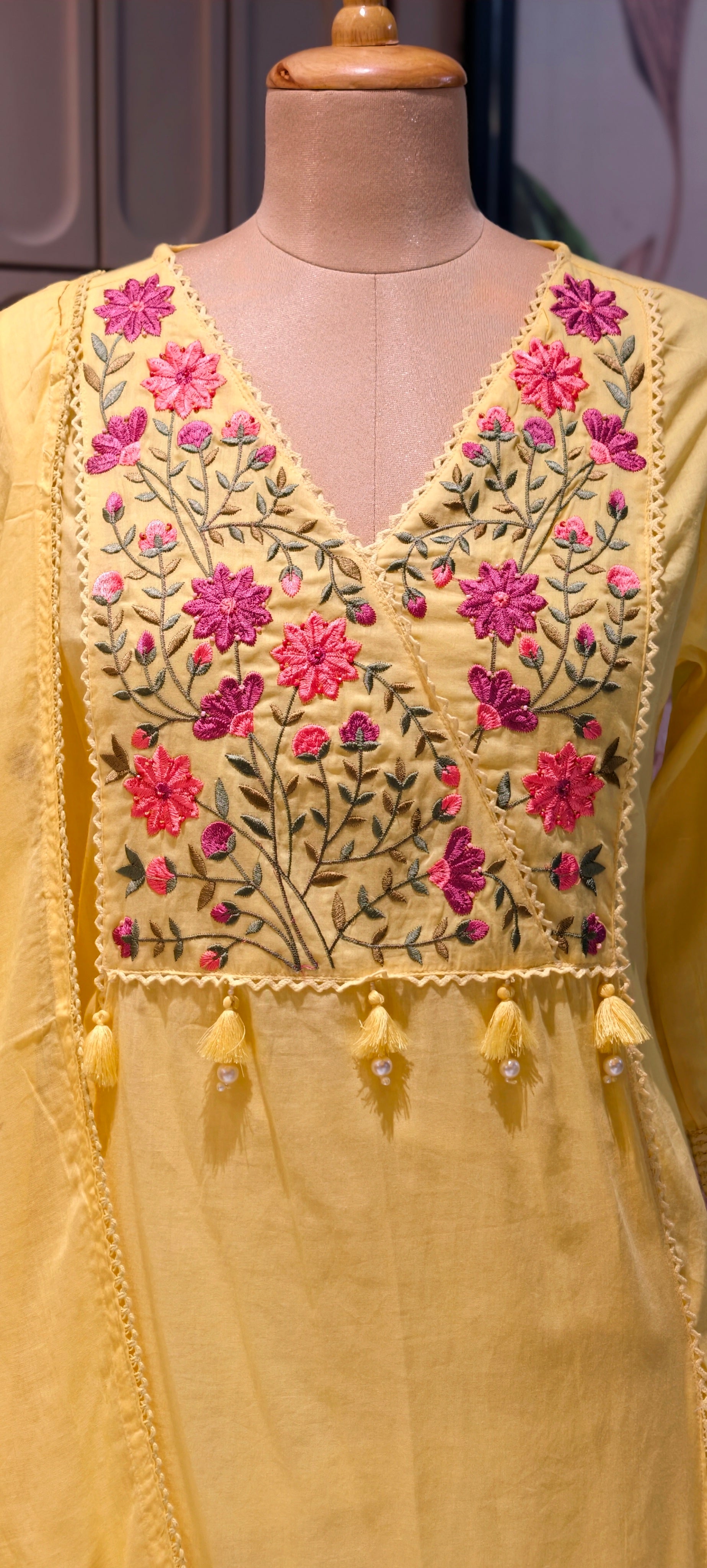 Mul Cotton A-Line Kurta Sets with Embroidered Yoke, Straight Pants and Dupatta-13881