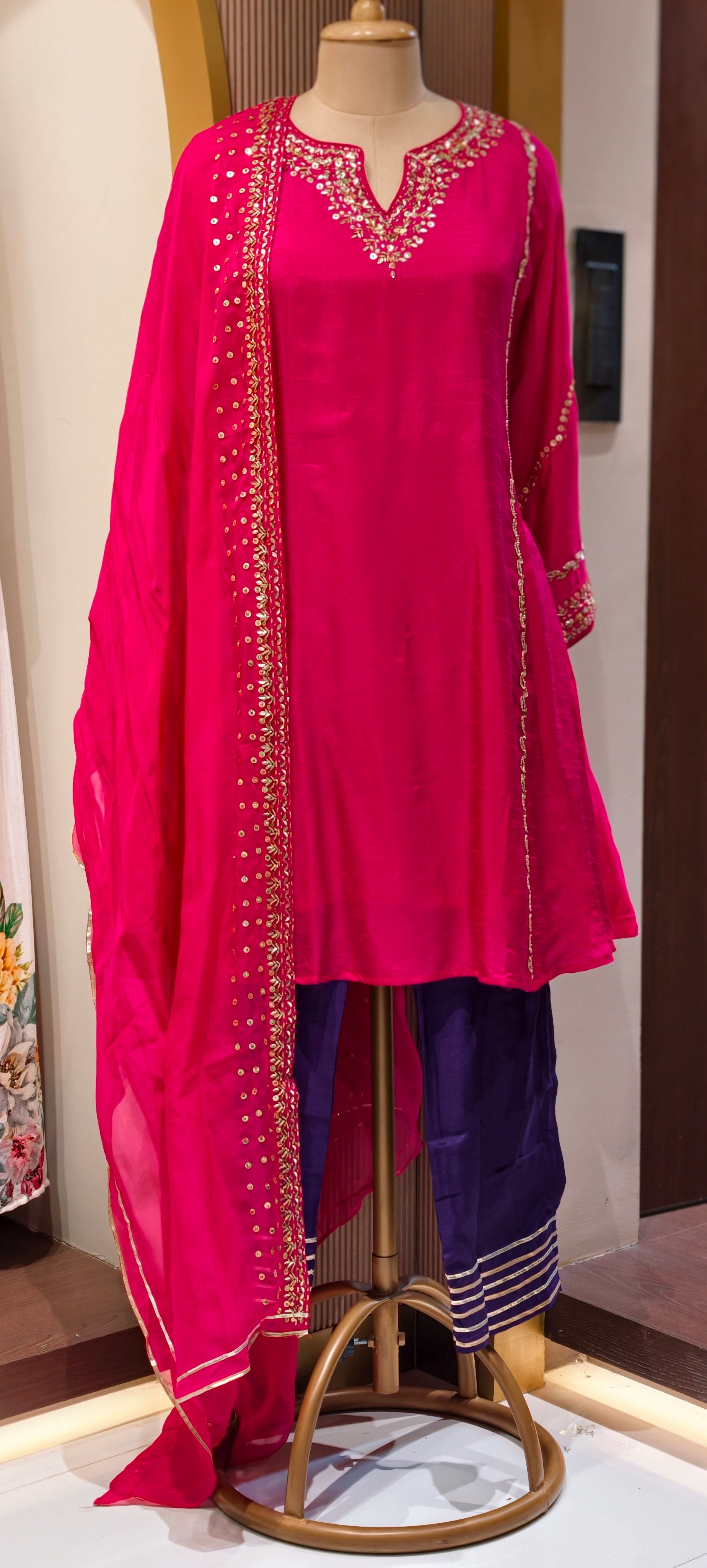Tiny Sequin Detailing Hand Worked Contrast Mix Vibrant A-Line Full Suit Set With Dupatta In Russian Silk Fabric- 13808