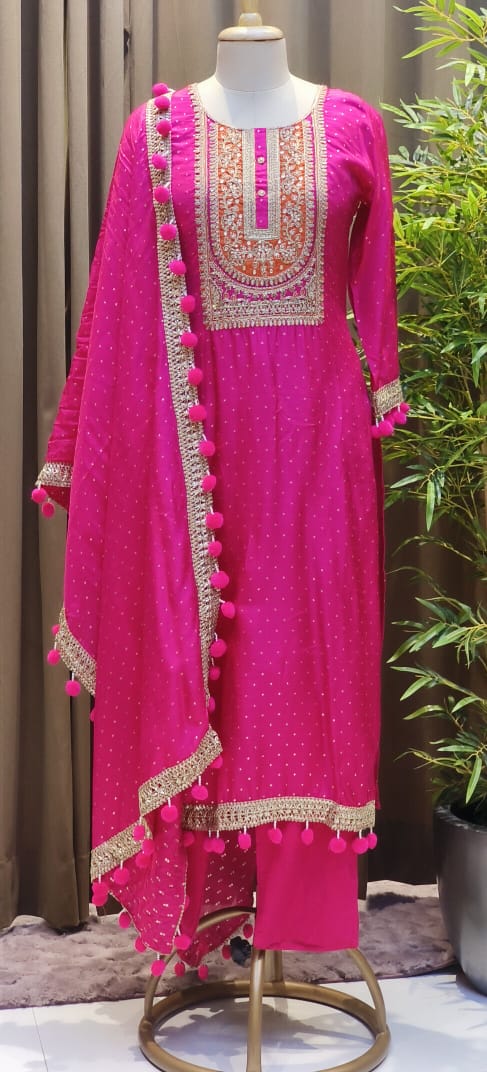 Dola Silk Embroidered Kurta Set with Heavy Zari & Thread Work Yoke, Matching Pants, and Pom-Pom Detailed Dupatta-12706,12705