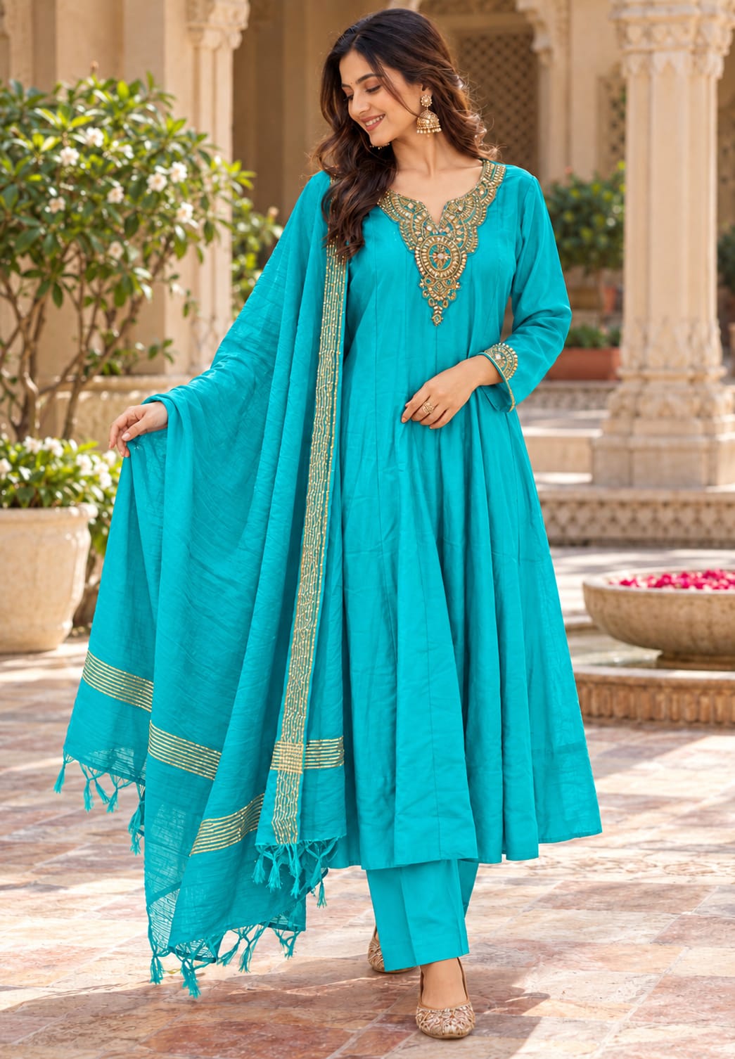 Elegant Noor Golden Embroidery Neckline Surat Mul-Chanderi Panel Anarkali Full Suit Set with Dupatta- 16920,16921