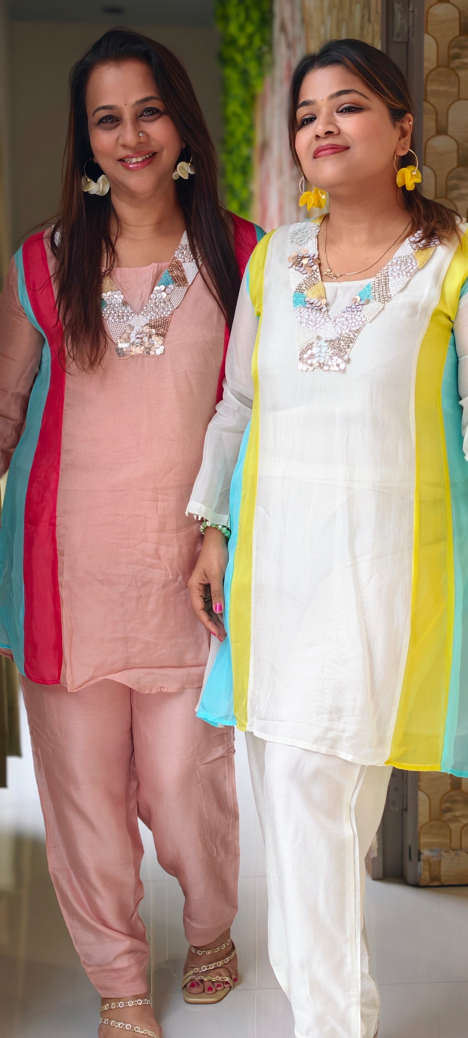 Handcrafted Neck Embroidery Royal Pastel Multicolor Panelled Kurta Pant With Inner- 15850