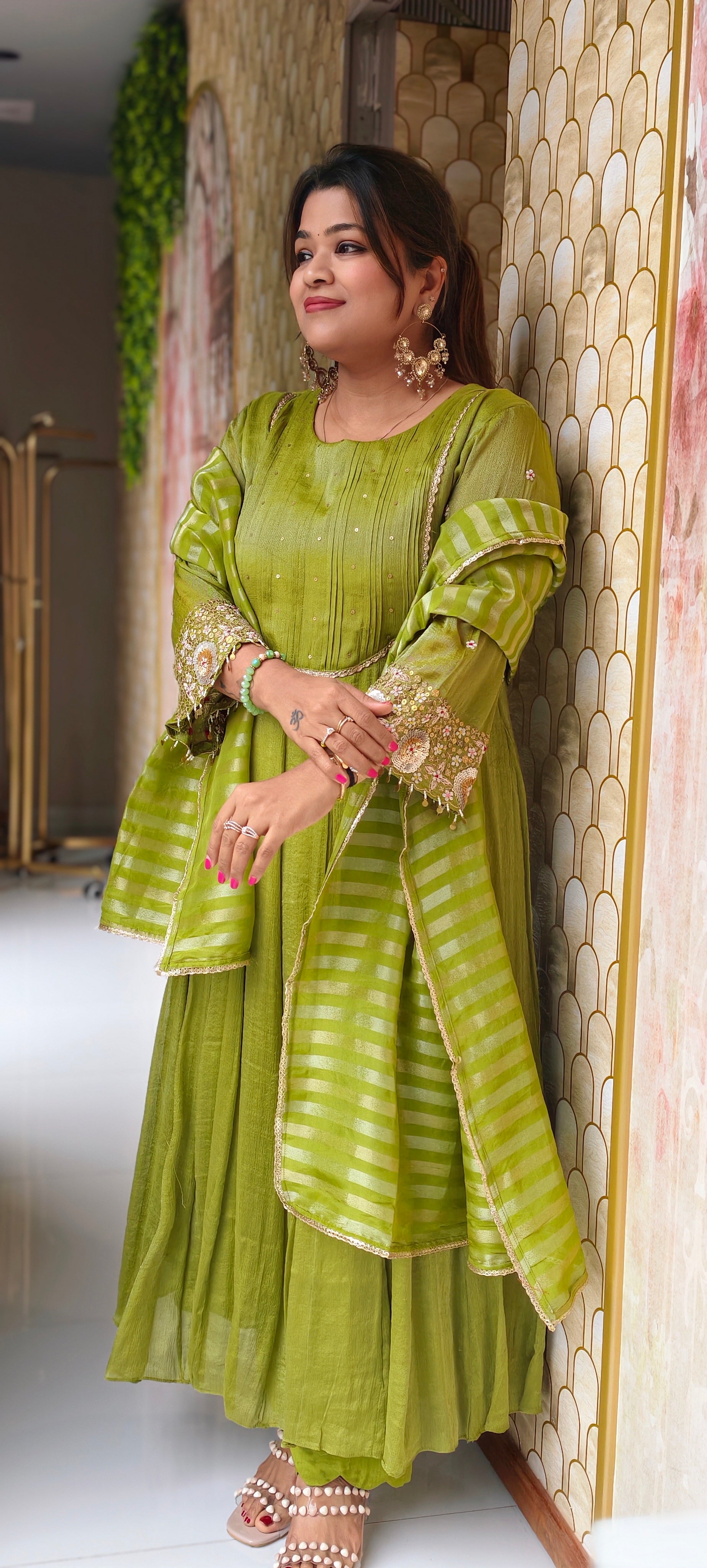 Crush Elegance Golden Lace Highlight & Sequin Handwork Sleeve Tissue Anarkali Full Suit Set With Dupatta- 13611