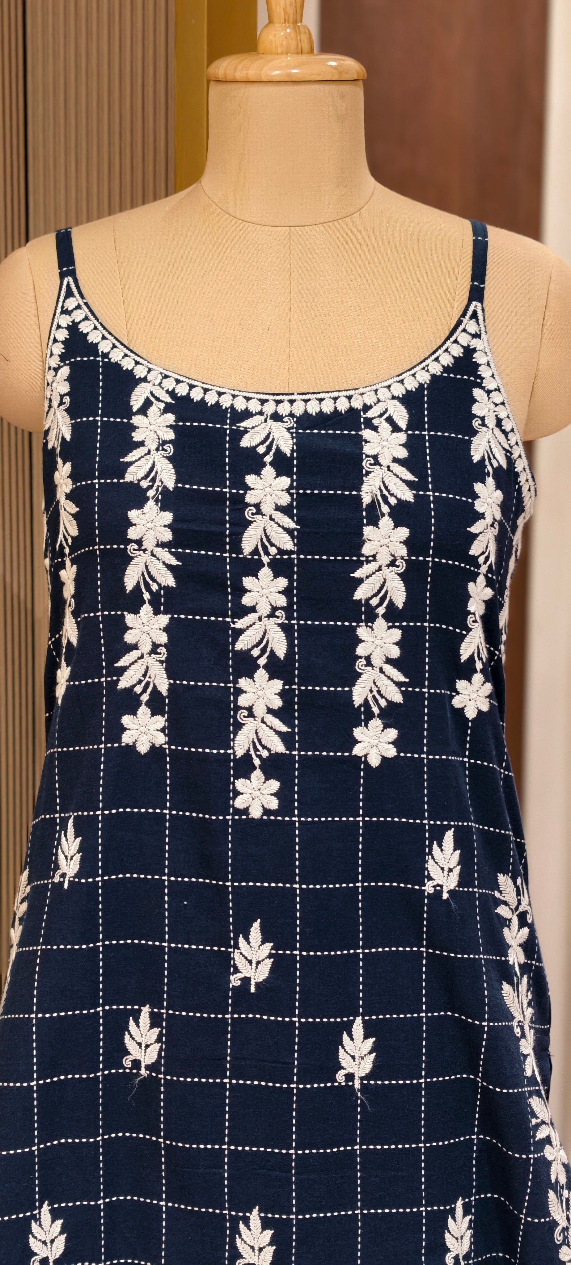 Checks Indigo Handloom Cotton Noodle Strap Kurta Set with Floral Buta Print Loose Pants-14189 RB172