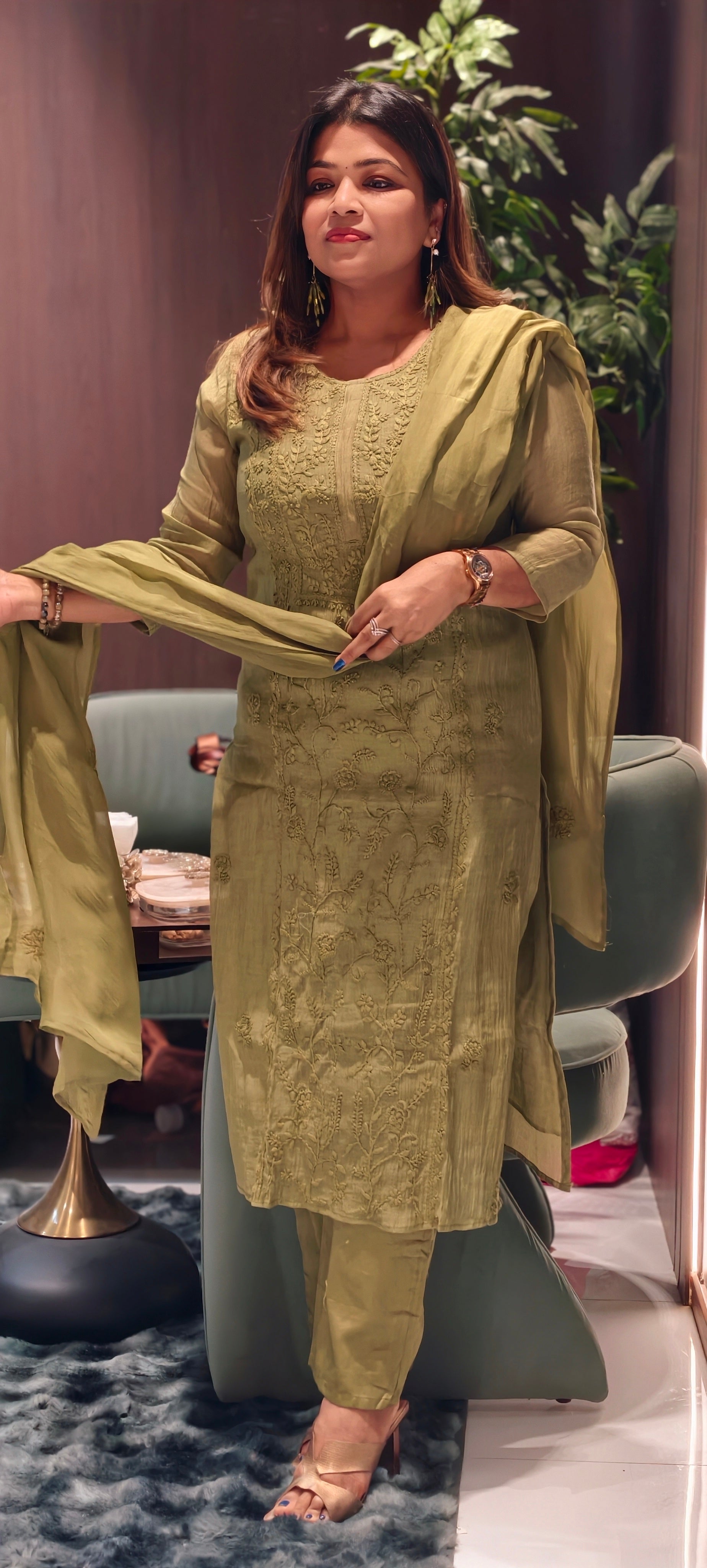 Premium Crush Mul Chanderi Fabric Straight Cut Full Suit Set with Intricate Self Thread Embroidery 14084 RB96