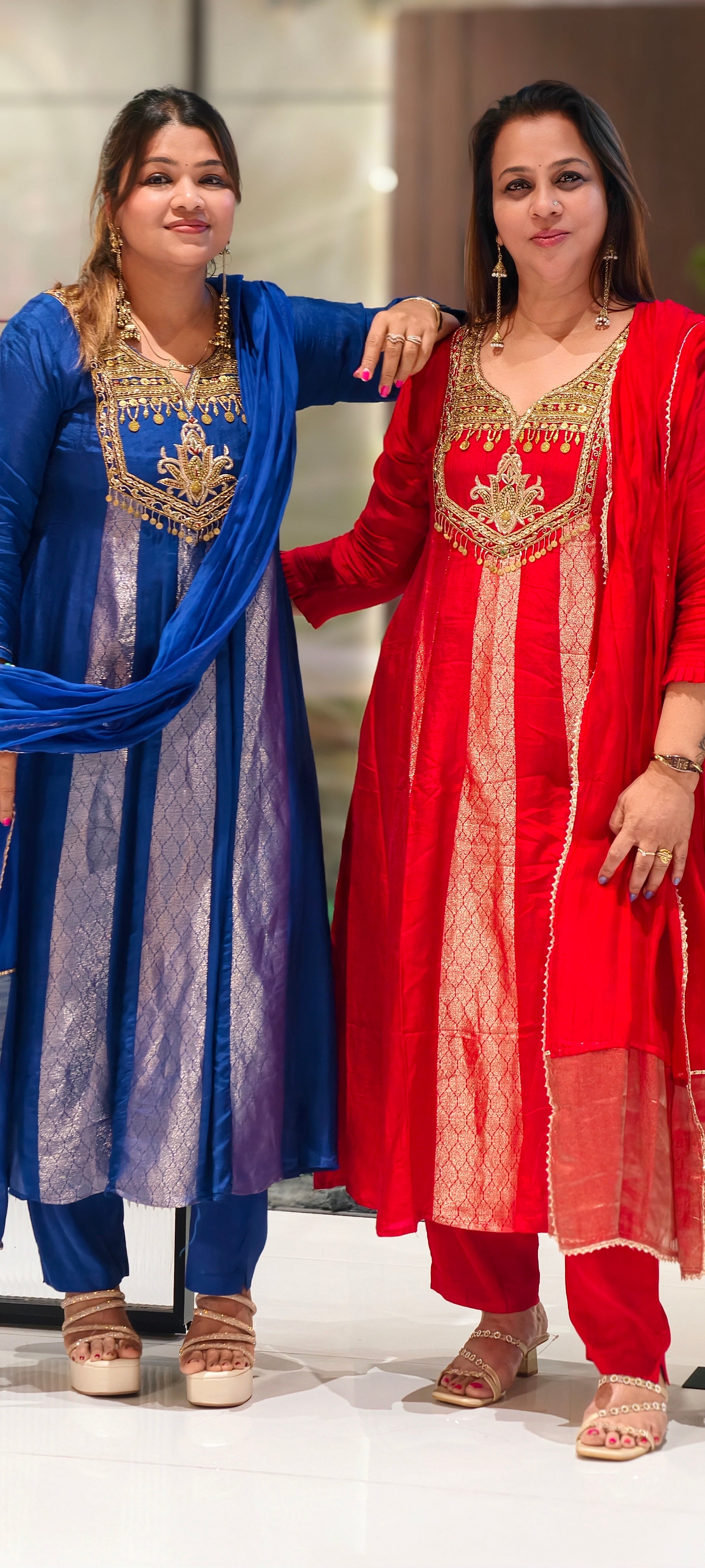 Scarlet Grand Regal Gold Embroidered Festive Ensemble Brocade Panels Russian Silk Anarkali Full Suit Set With Dupatta- 15811