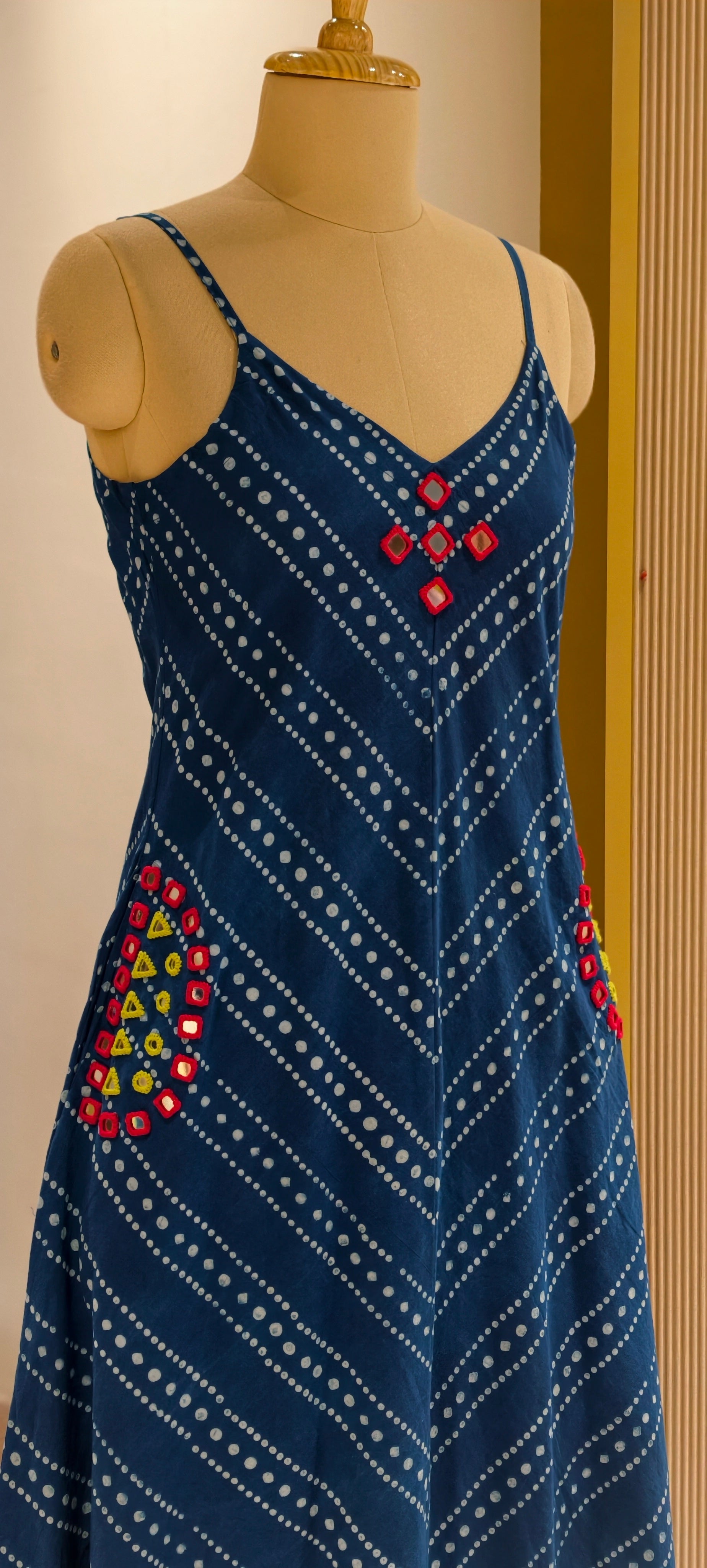 Indigo Handloom Cotton Noodle Strap Sleeveless Frock with Bandhani Print & Pockets-14180 RB175