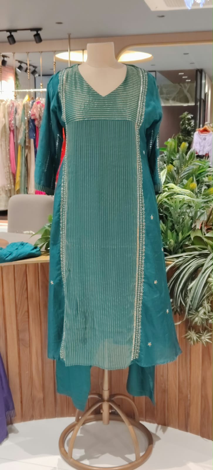 Golden Stripes Intricate Sequin Embroidery Banarasi Mul Chanderi A-Line Full Suit Set With Matching Dupatta- 16339