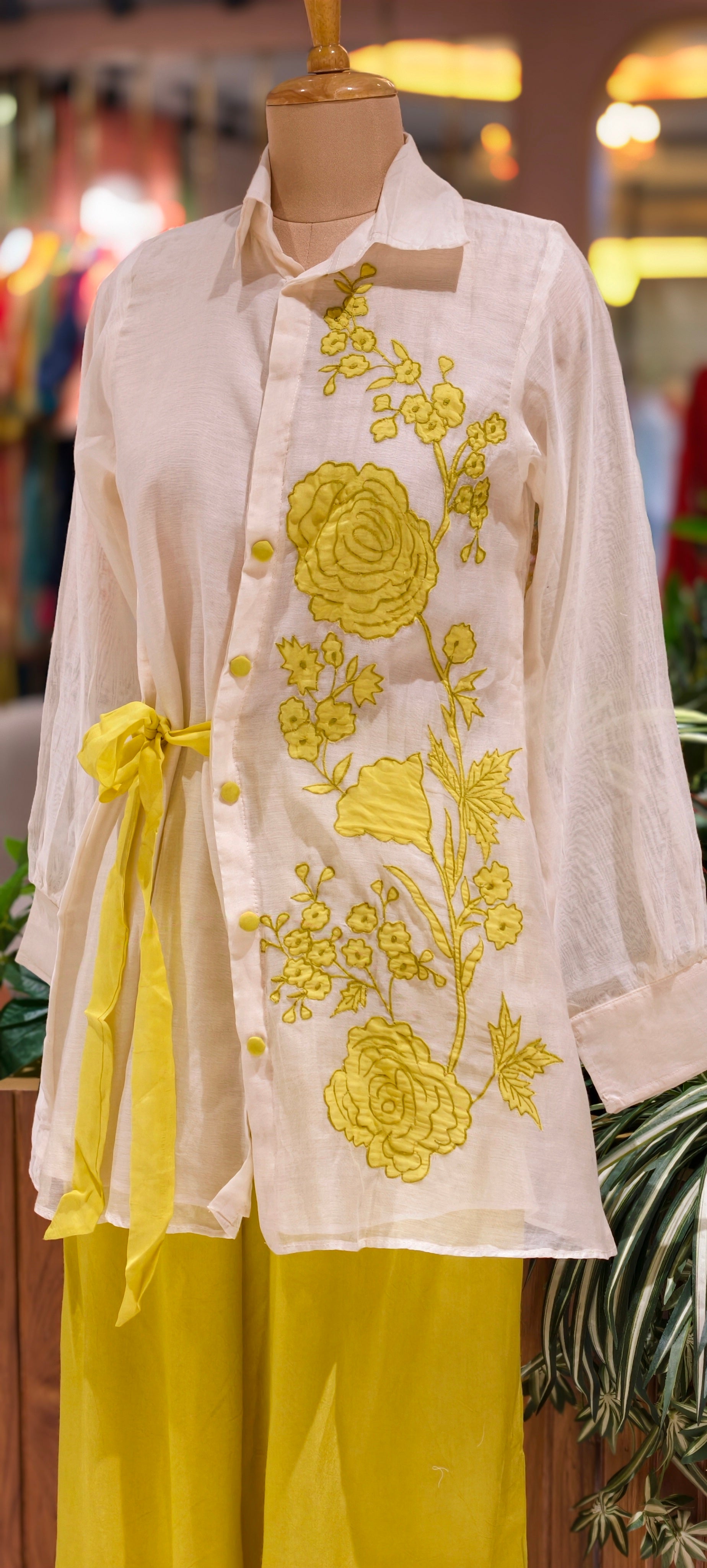 Elegant Chanderi Fabric Shirt Style Kurta Set with Yellow Floral Embroidery, Side Tie-Up Detail & Flowy Palazzo Pants-13958