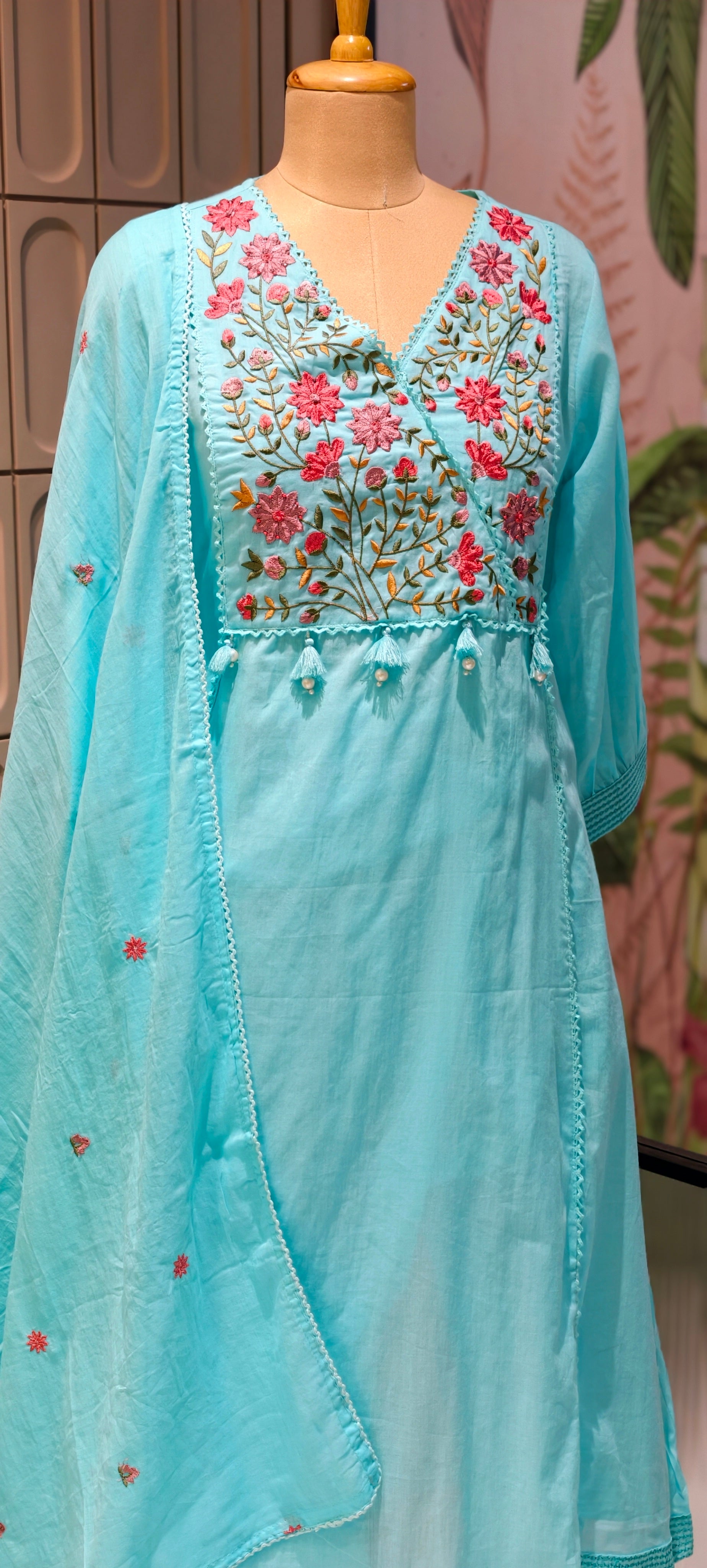 Mul Cotton A-Line Kurta Sets with Embroidered Yoke, Straight Pants and Dupatta-13881