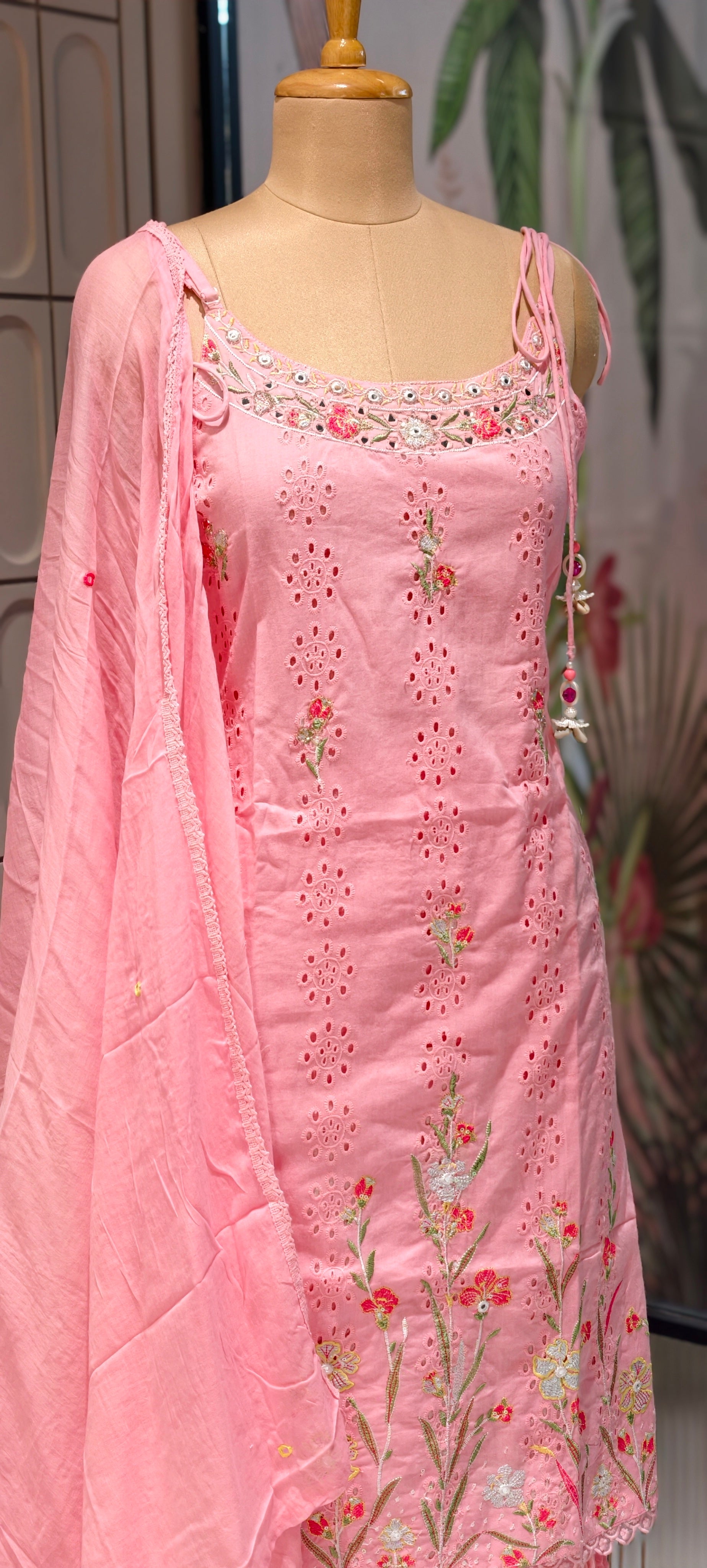 Elegant Sleeveless Noodle Strap Kurti with Skirt Set – Floral Embroidered Designer Suit 13959 RB14