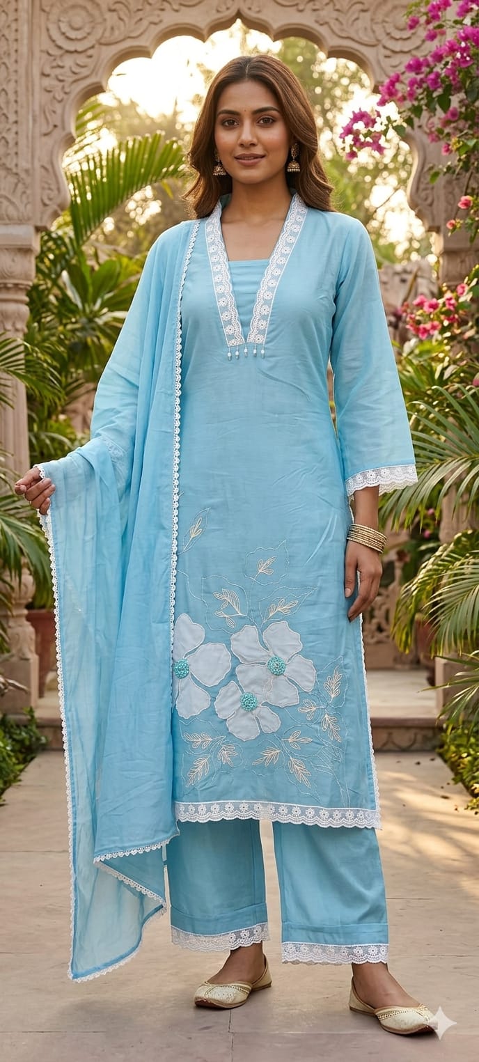 Elegant Sky Blue Surat Mulchanderi Cotton Kurta Set with Floral Embroidery, Straight Pants & Lace Detailed Dupatta-13900