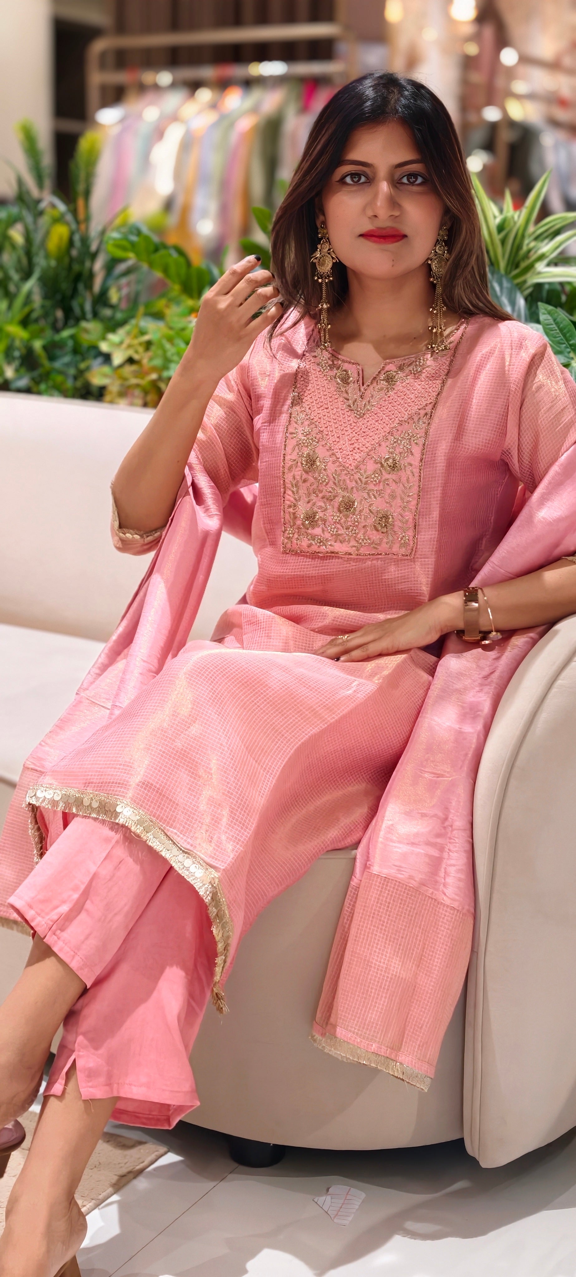 Blush Kota Tissue Checks Elegant Yoek Embroidery Staright Full Suit Set With Dupatta- 16244