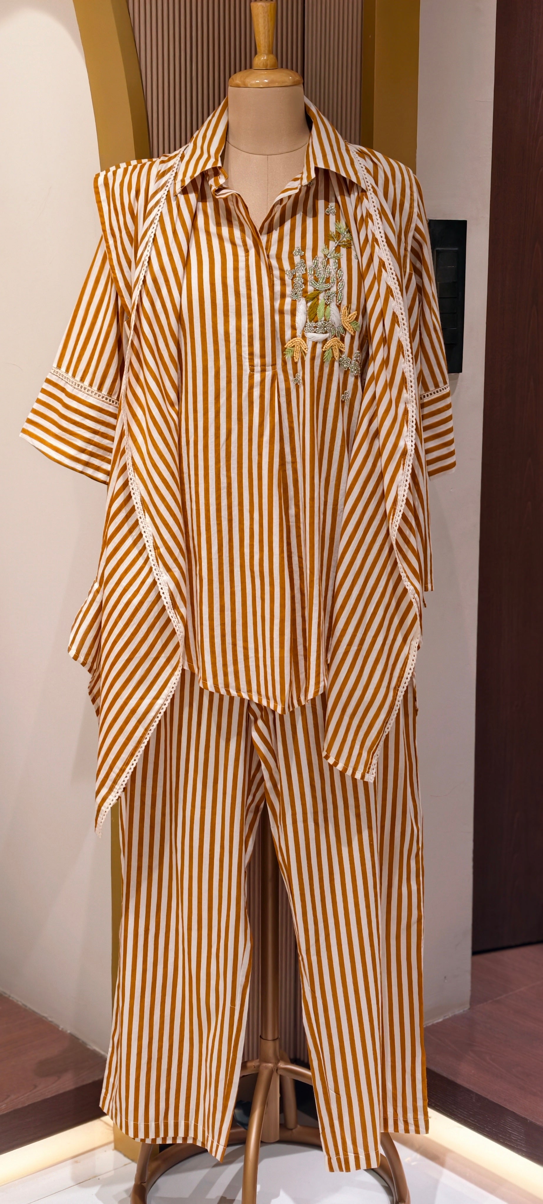 Mustard Striped Cotton Co-Ord Set with Embroidered Shirt with hi low shrug & Straight Pants-13863