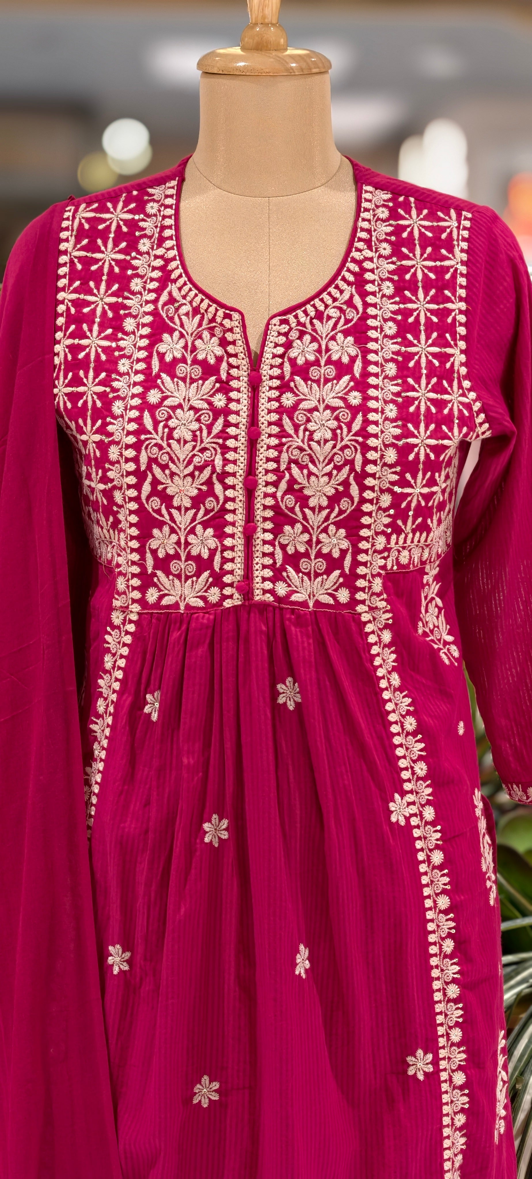 Chikankari Style Thread Embroidered Aline Kurta Set with Pants & Dupatta