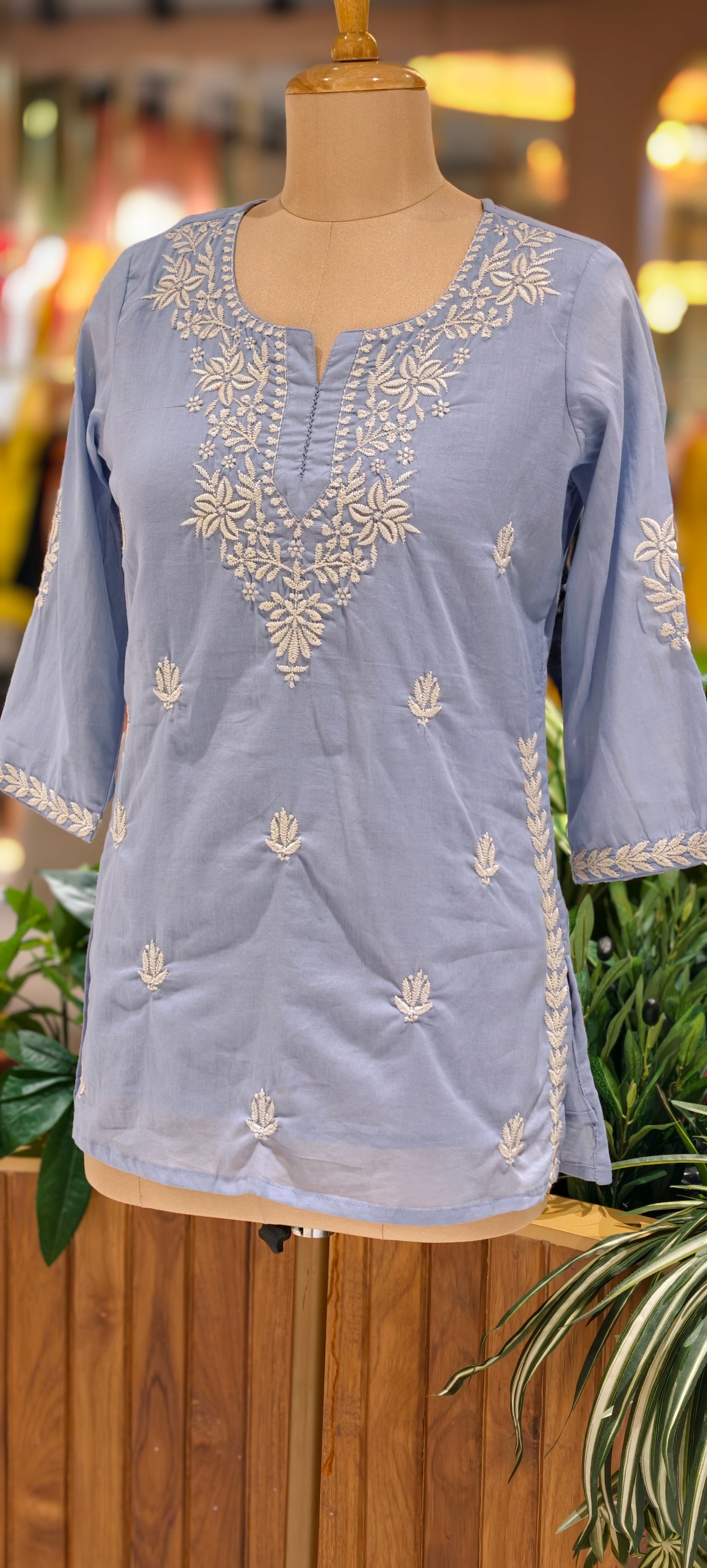 Floral Embroidered Round Neck Mul Cotton Short Kurti Top-13945 RB309