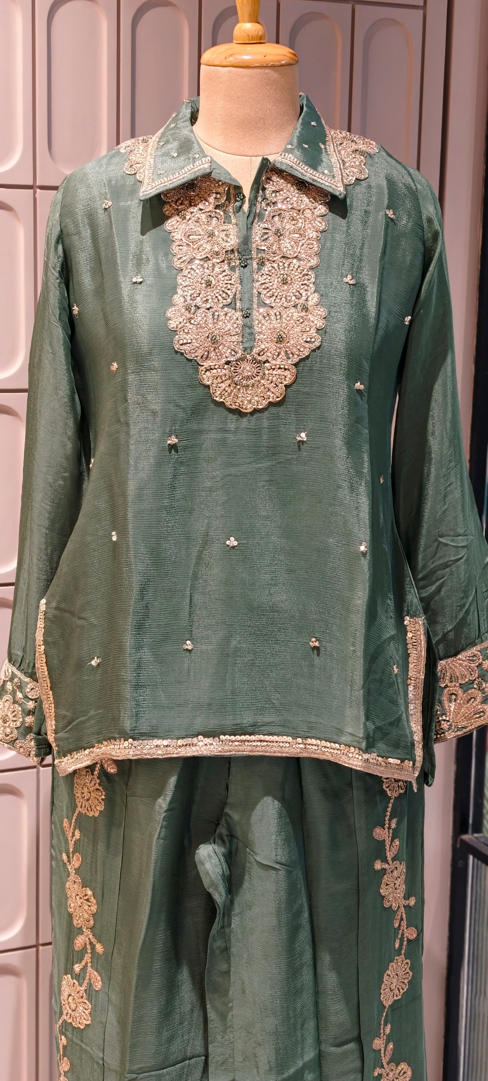 Designer Shirt Style Kurta Luxury Chinon Fabric Co-Ord Set with Intricate Embroidery 13996 RB07