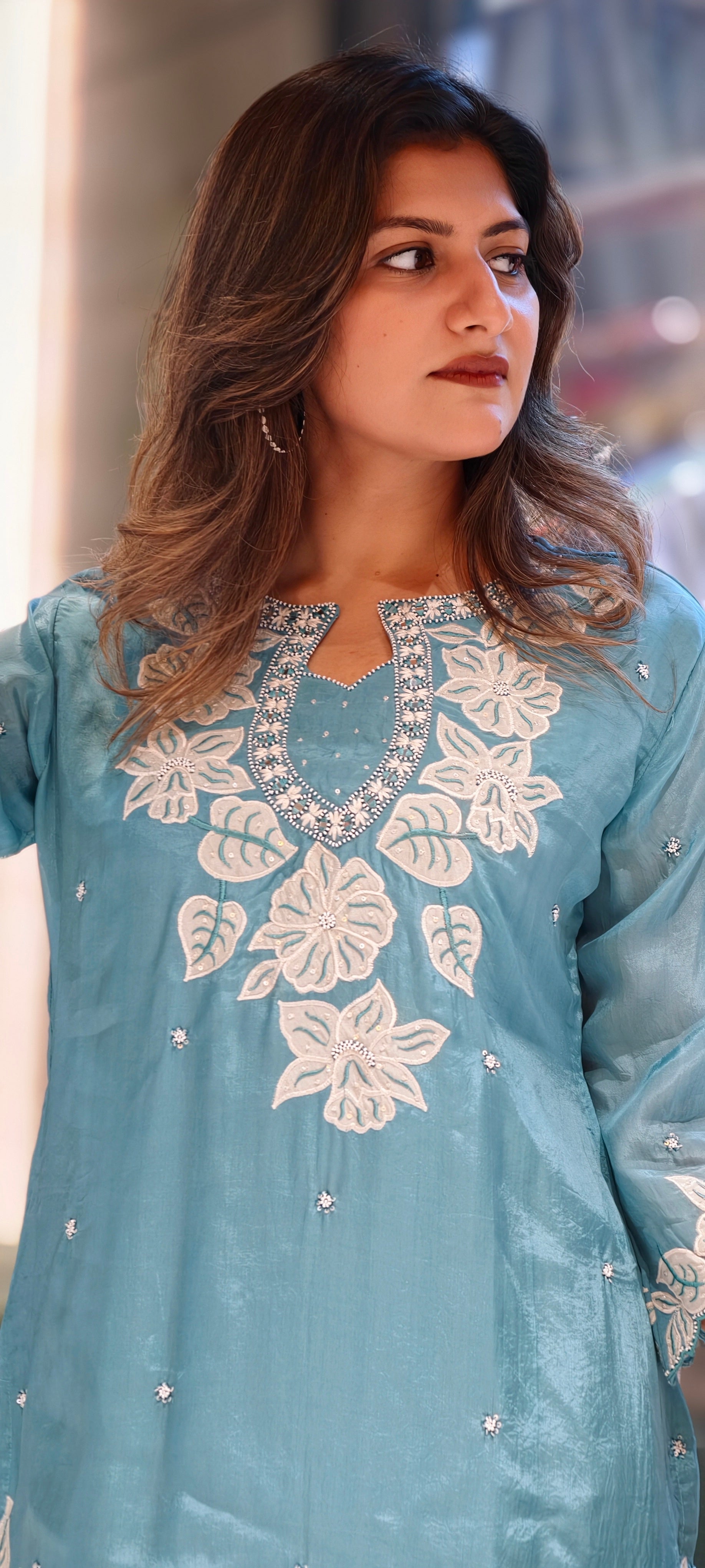 Ethereal Blooms: Hand-Embroidered Organza Silk Co-ord Set with Scalloped Lace Detailing13917