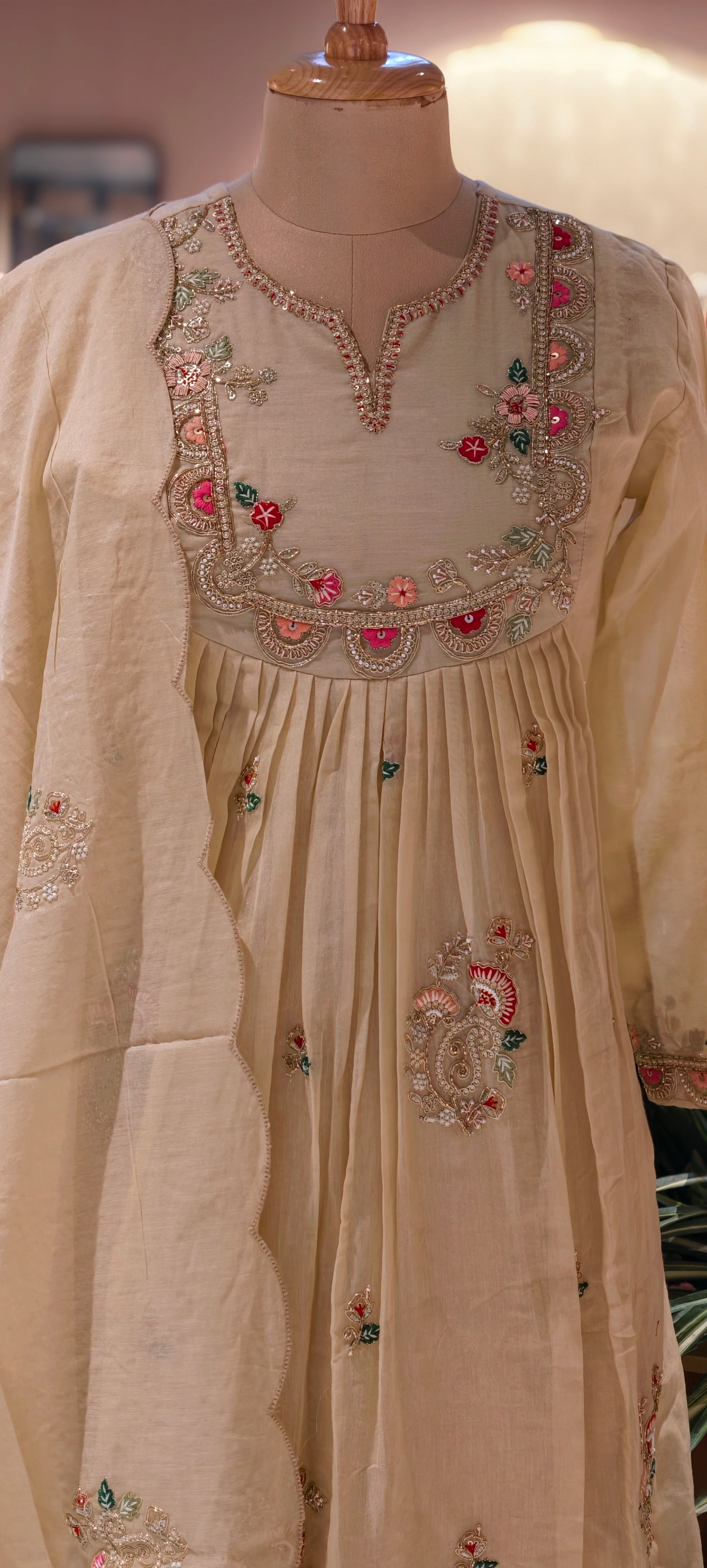 Mulchanderi Embroidered neckline and scattered floral motifs Anarkali Kurta Set with Dupatta 13860