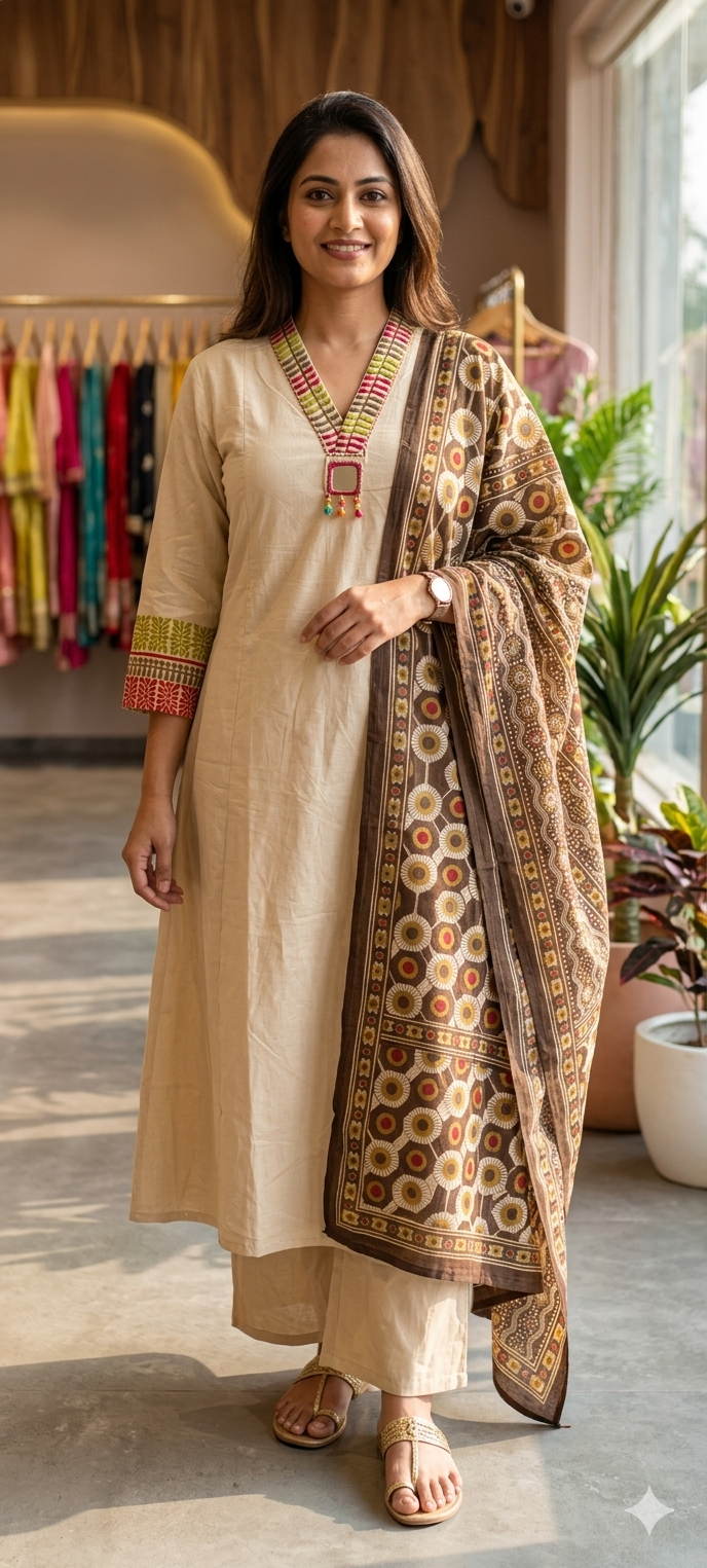 Premium Cotton Ethnic Suit Set with Ajrakh Printed Dupatta & Statement Neck Detailing 13915 RB38