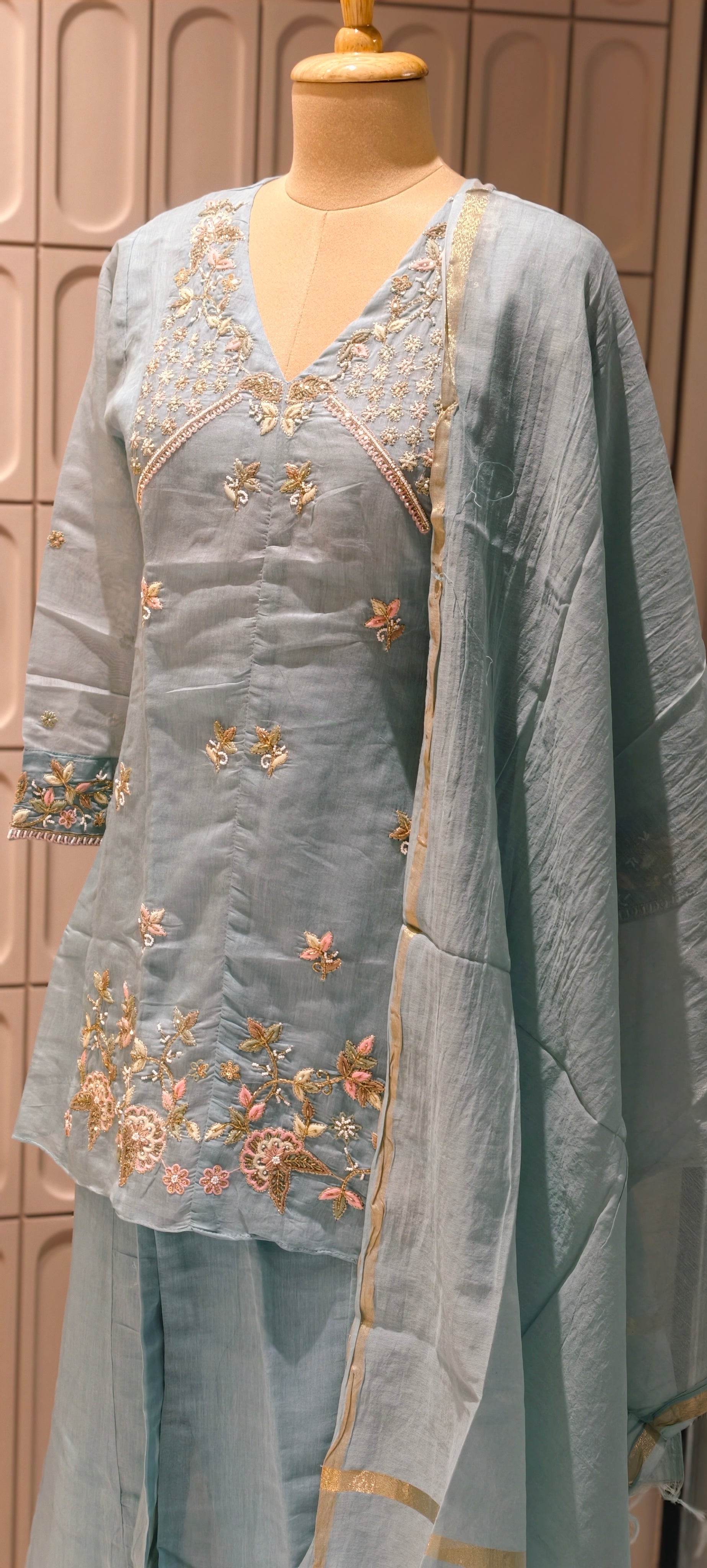 Royal Short Aline style Mulchanderi Embroidered Kurta Pant Set -13859