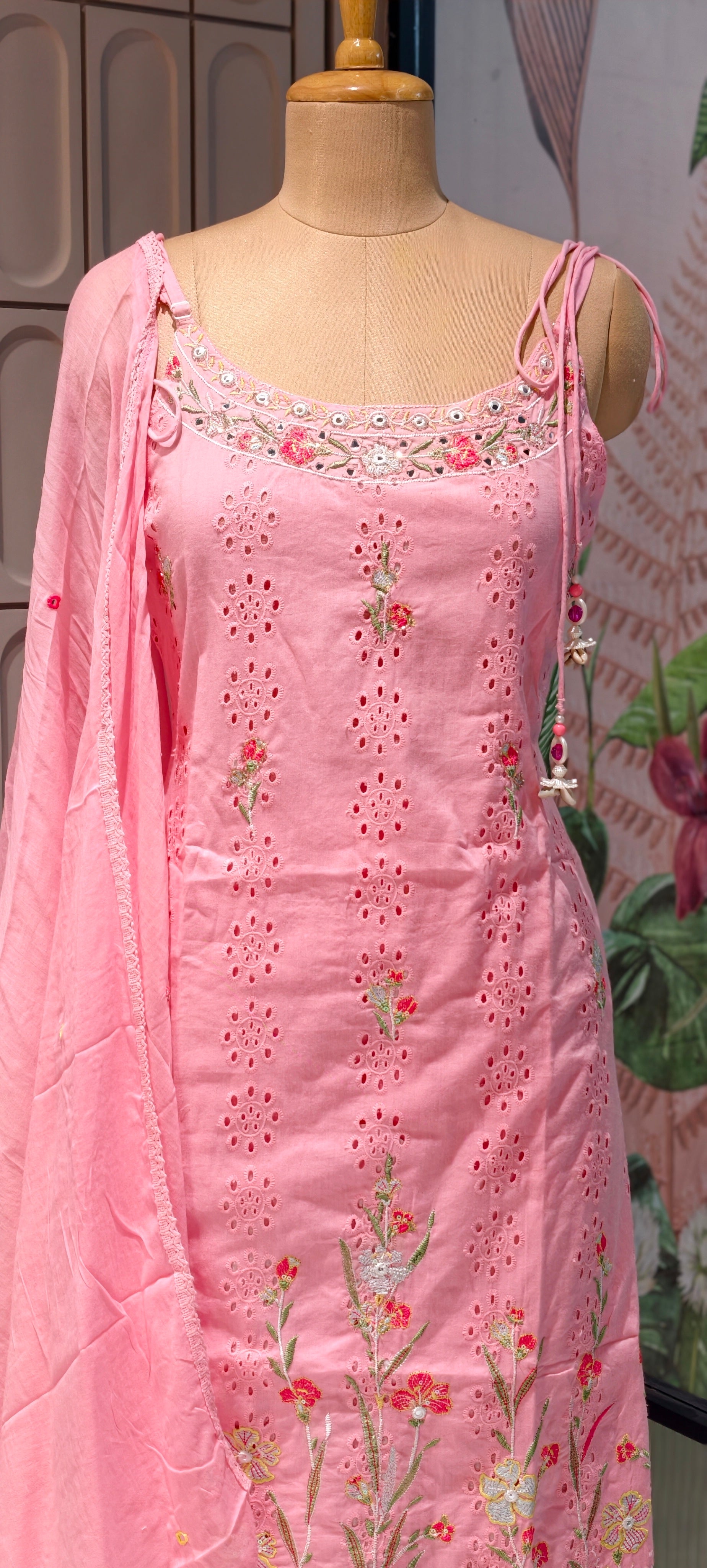 Elegant Sleeveless Noodle Strap Kurti with Skirt Set – Floral Embroidered Designer Suit 13959 RB14
