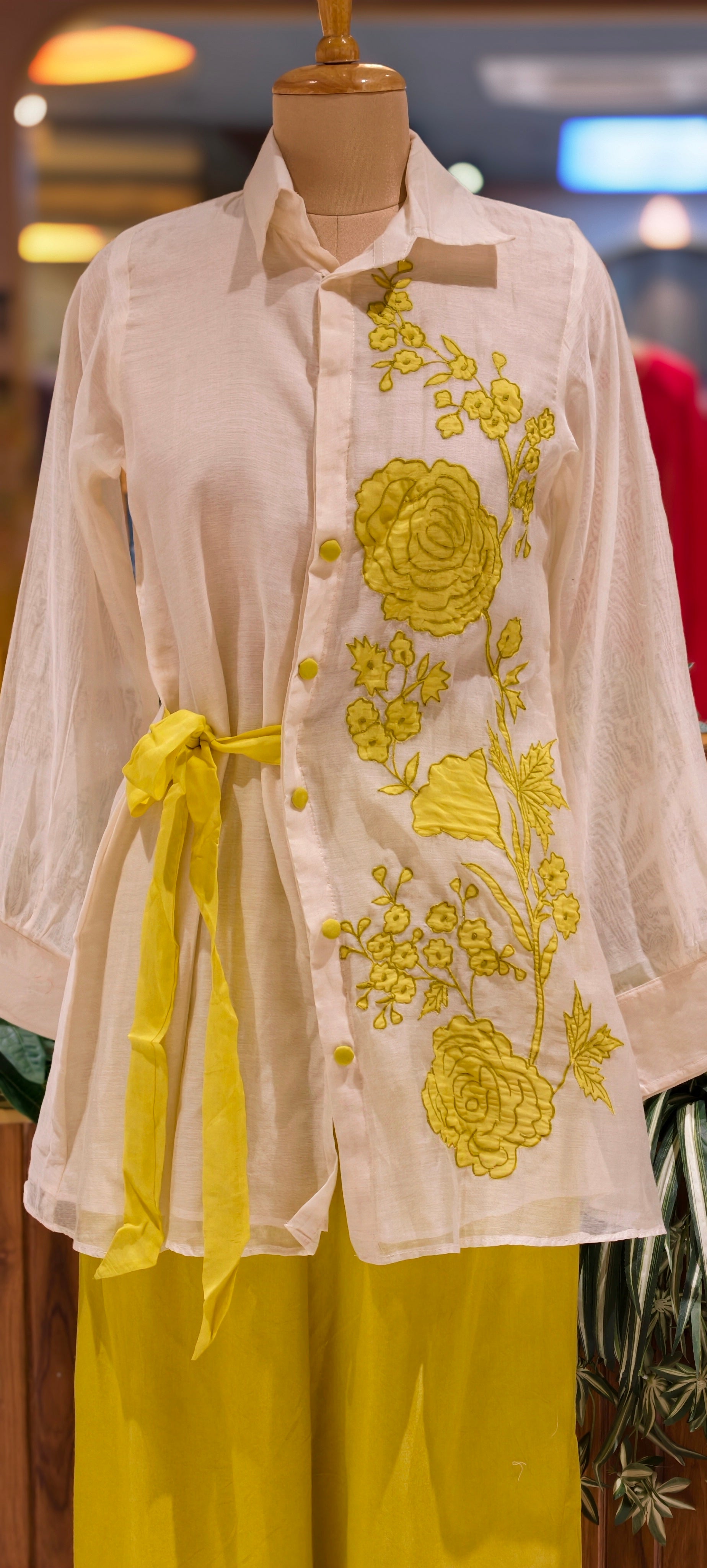 Elegant Chanderi Fabric Shirt Style Kurta Set with Yellow Floral Embroidery, Side Tie-Up Detail & Flowy Palazzo Pants-13958